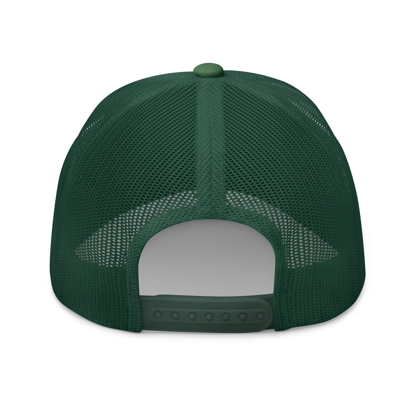 Evergreen Child of God trucker hat back view showing adjustable snap closure and mesh panels