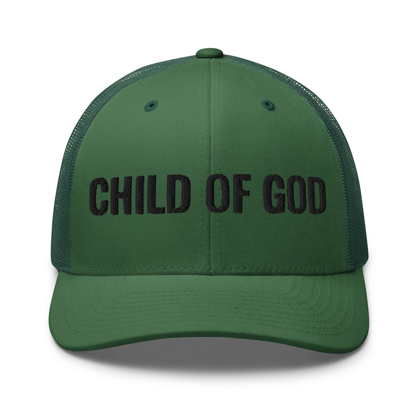 Child of God trucker hat in evergreen color front view with bold black embroidery on the front panel