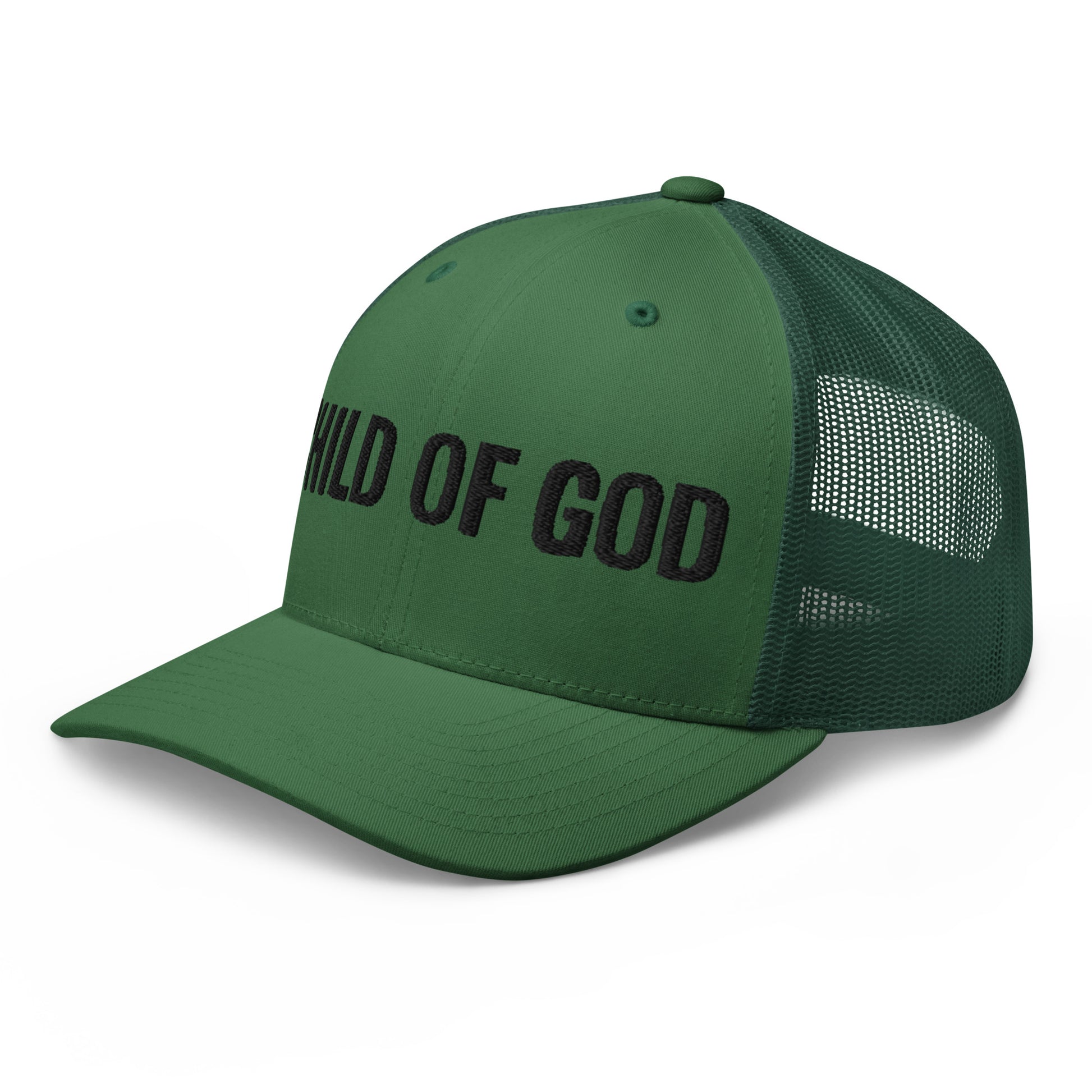 Child of God trucker hat in evergreen front left angle highlighting embroidery and mesh back