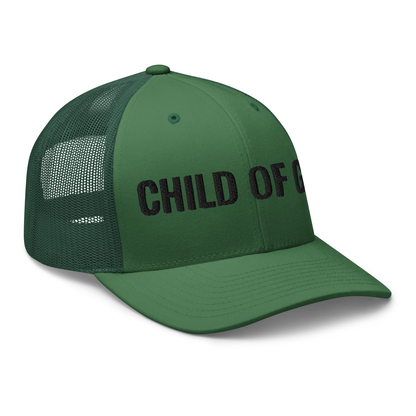 Evergreen Child of God trucker hat angled front right view showing structured panel and adjustable snapback