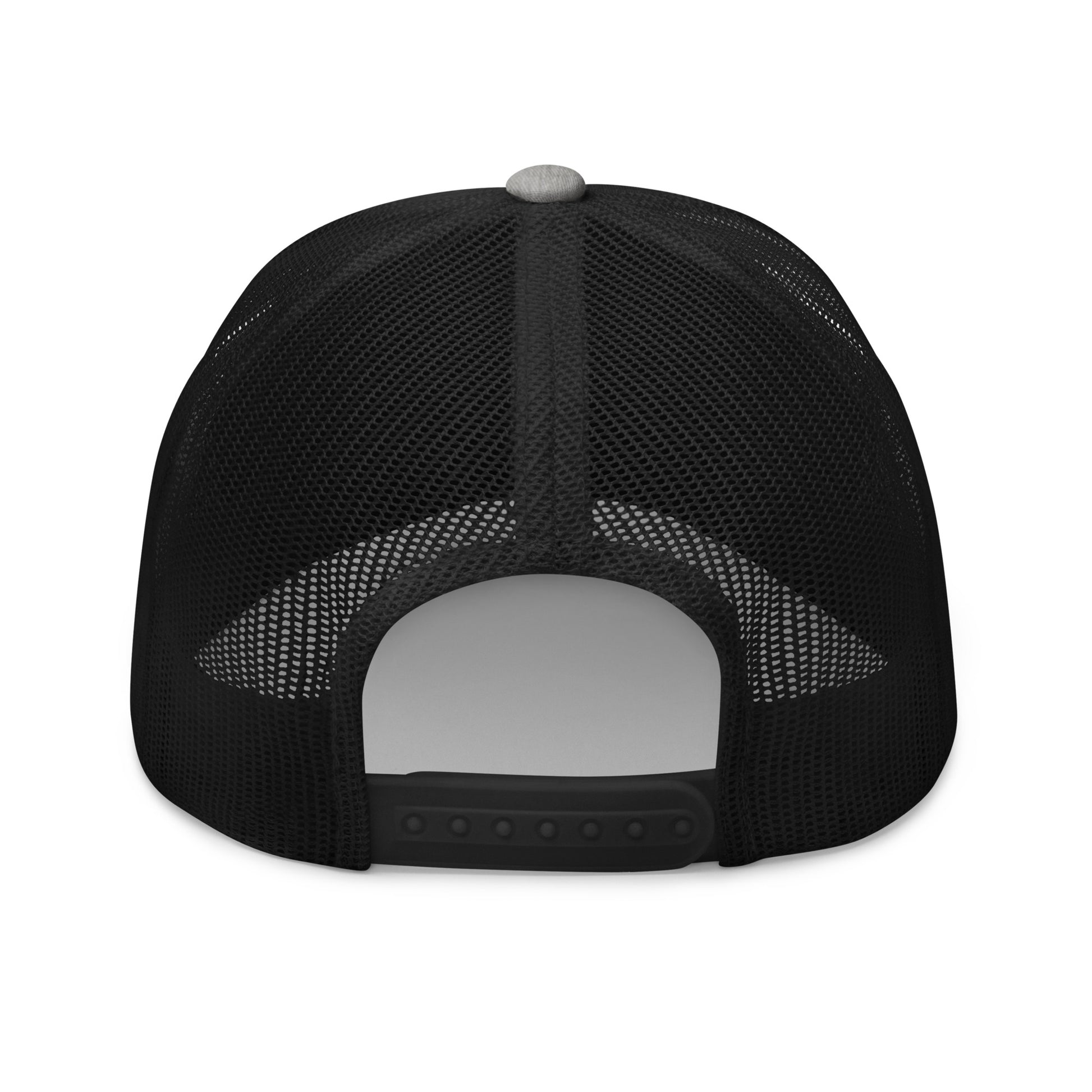 Back view of Christian trucker hat with black mesh and adjustable snapback closure, part of the Seek Him Collection
