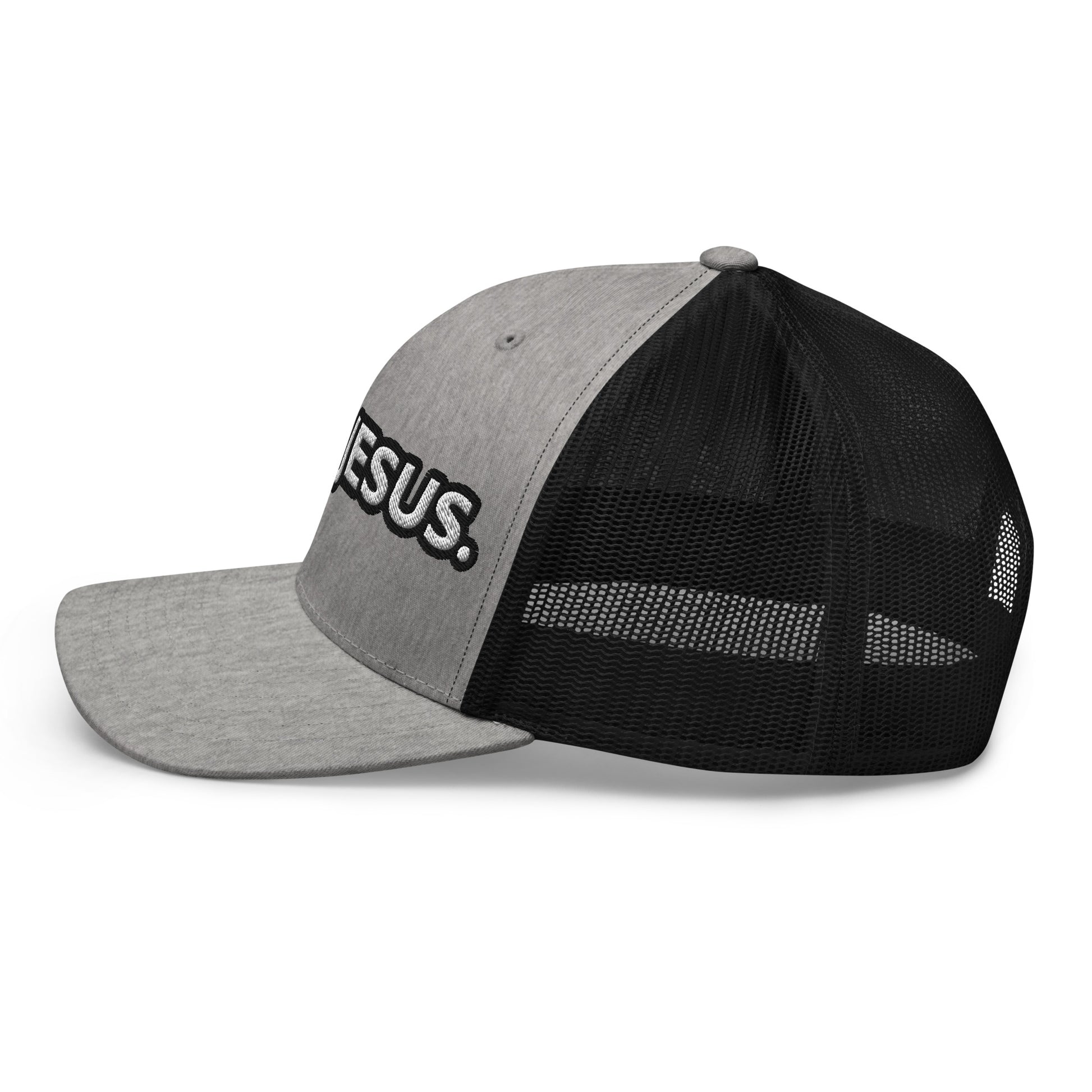 Left side view of embroidered Christian trucker hat with grey front and black mesh panels
