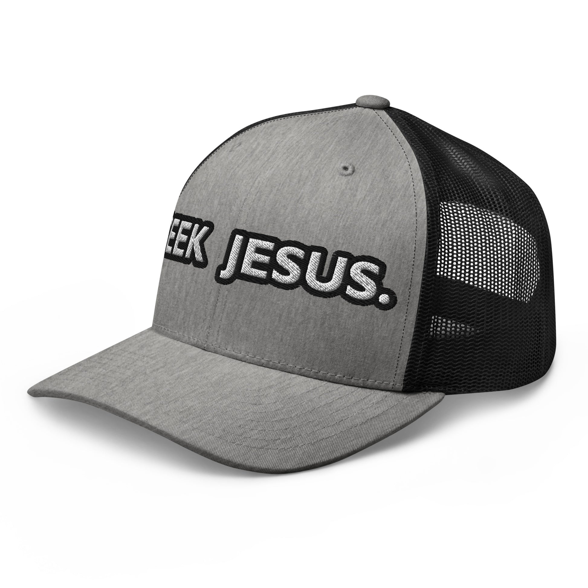 Angled front right view of Seek Jesus. trucker hat showing bold white embroidery outlined in black on grey front panel
