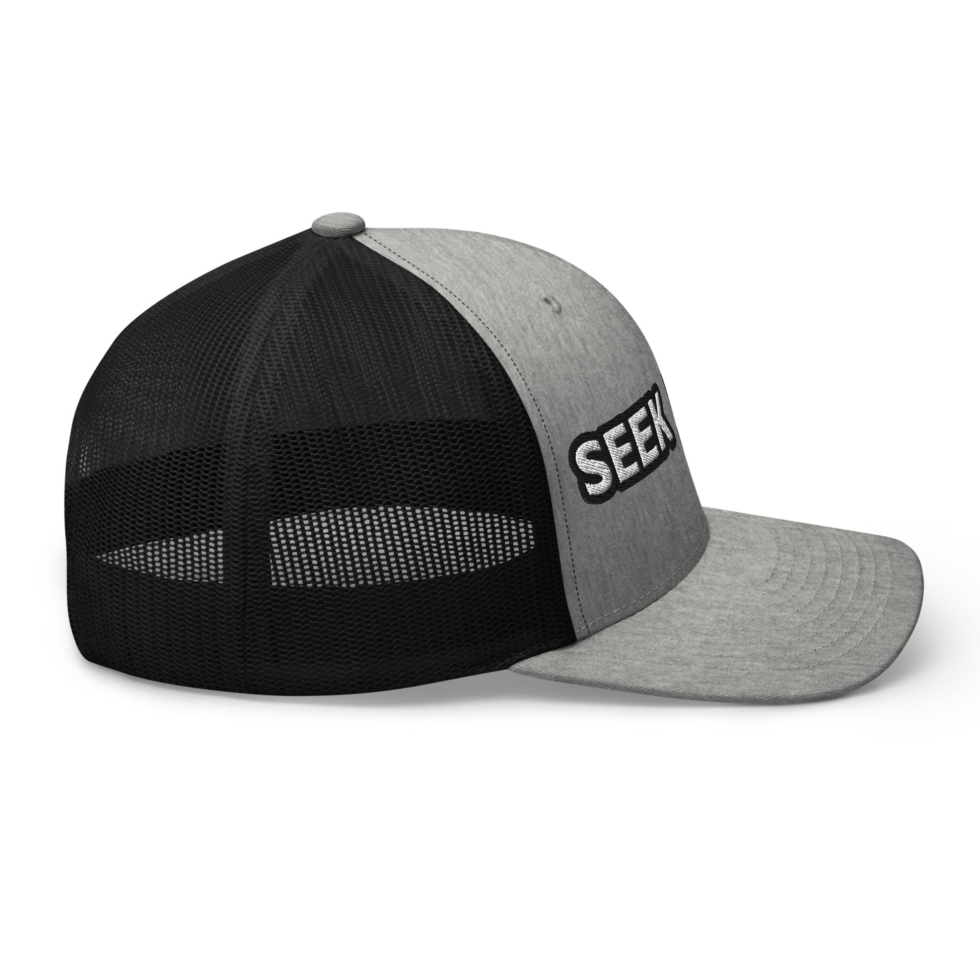 Right side view of Seek Jesus. trucker hat showing breathable black mesh and curved bill
