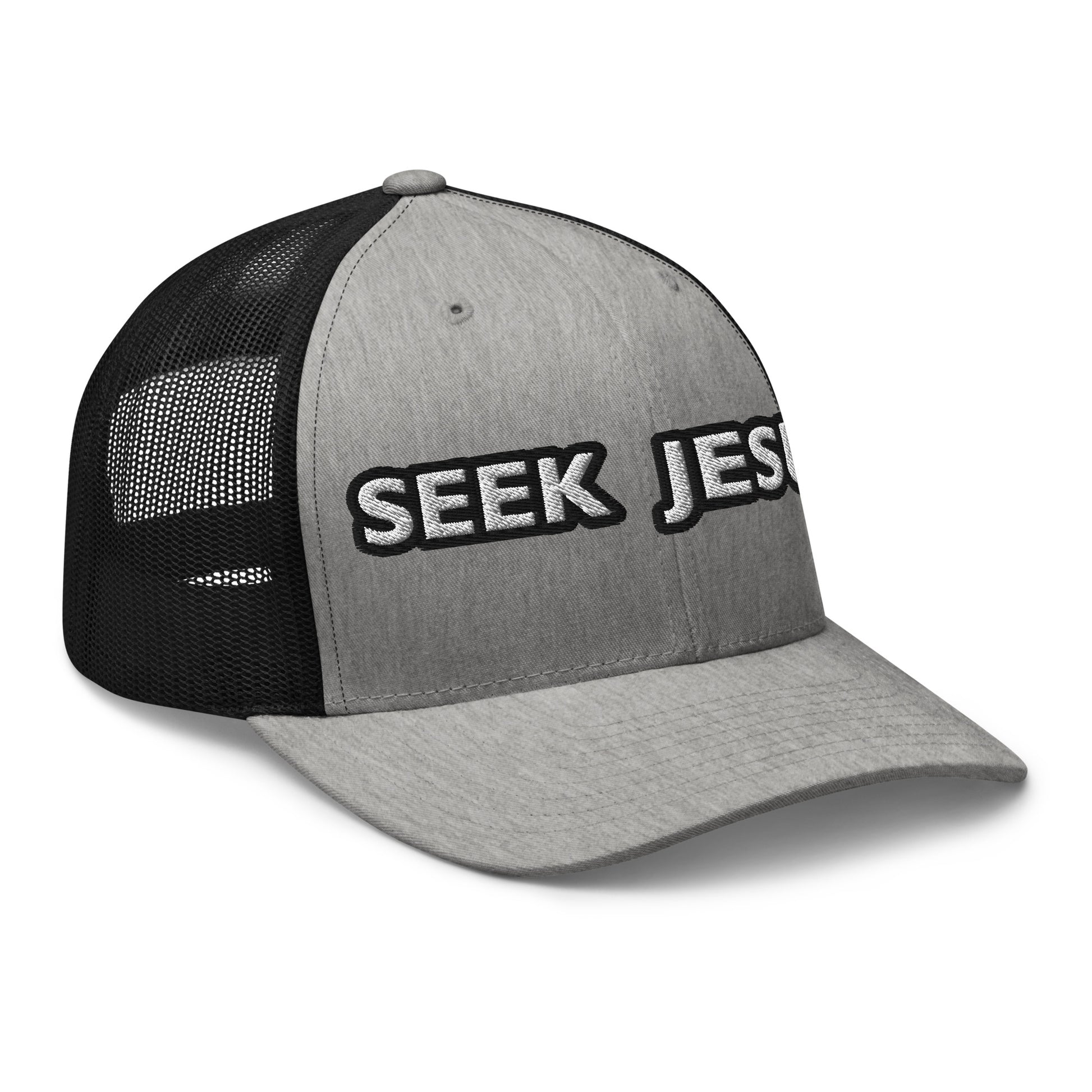 Angled front left view of grey and black trucker hat with Seek Jesus. embroidered across the front and black mesh back
