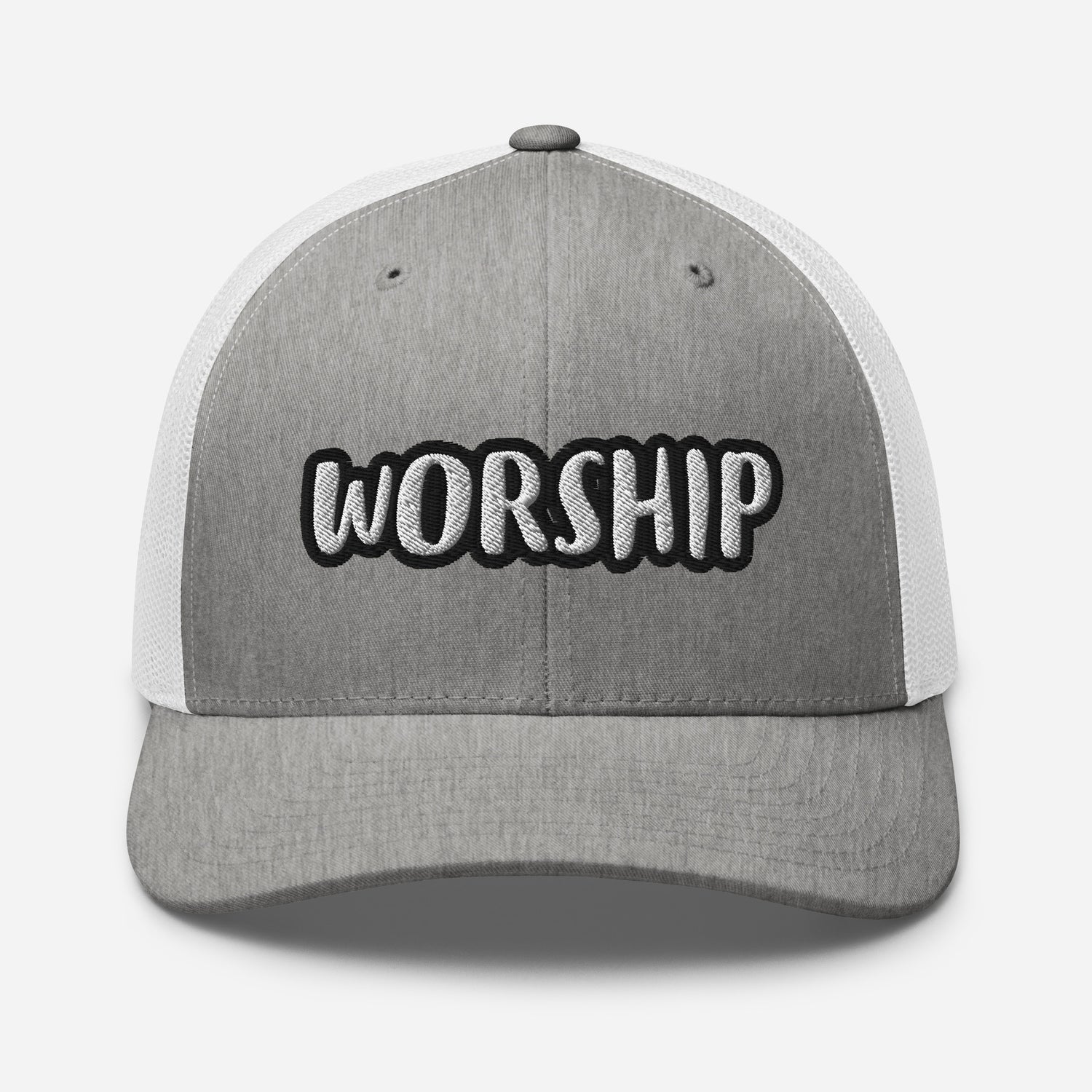 Front view of the Worship Trucker Hat with heather gray front panel, white embroidered Worship lettering outlined in black, and white mesh back