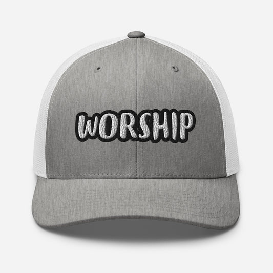 Front view of the Worship Trucker Hat with heather gray front panel, white embroidered Worship lettering outlined in black, and white mesh back