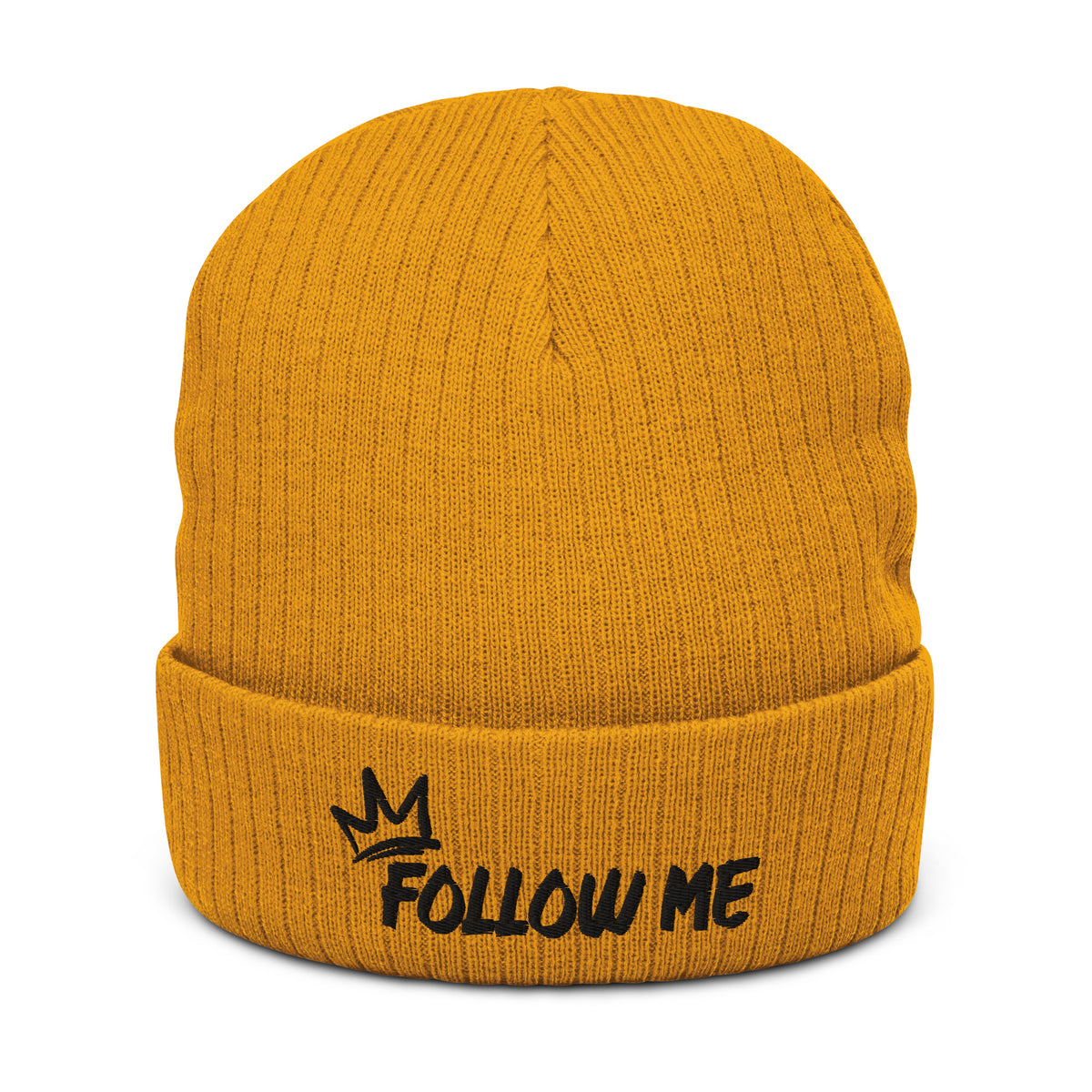 Mustard ribbed knit Follow Me beanie with black embroidered crown design