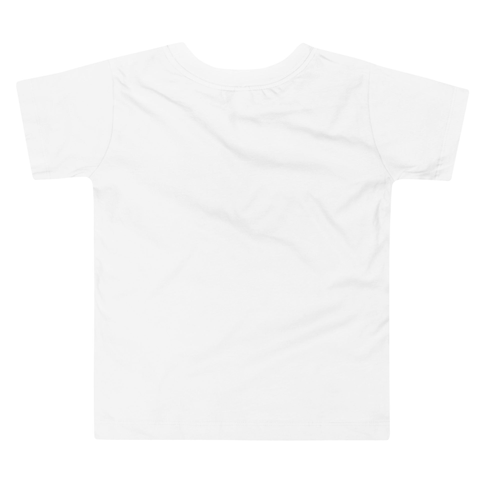Back view of toddler girl’s Christian shirt in light color with no design or text—plain fabric shown
