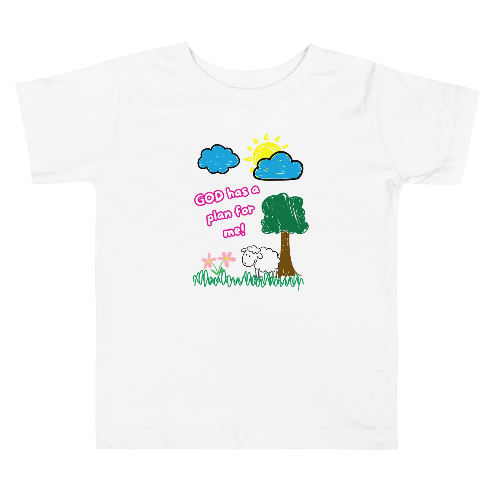 Front view of toddler girl’s Christian shirt with pink text “God Has a Plan for Me” and a sheep in a grassy field with flowers, tree, sun, and clouds
