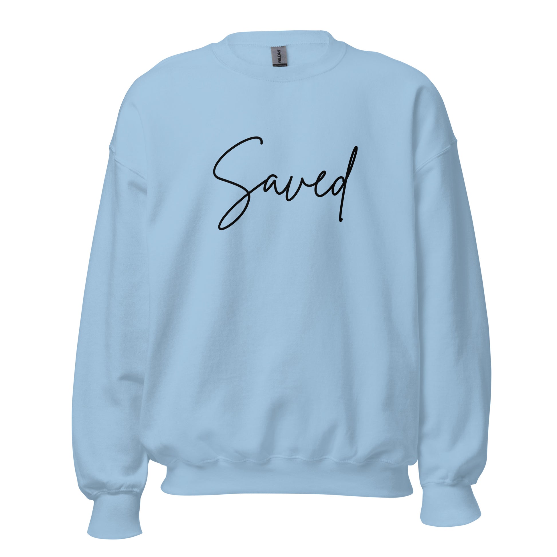 Front view of light blue Christian crewneck sweatshirt with “Saved” in black elegant script across the chest
