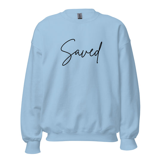 Front view of light blue Christian crewneck sweatshirt with “Saved” in black elegant script across the chest
