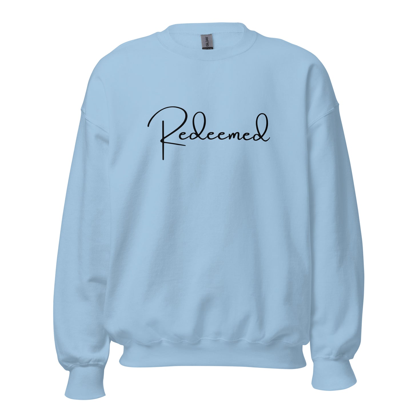 Front view of the Redeemed crewneck sweatshirt in Light Blue featuring the word “Redeemed” printed in black.