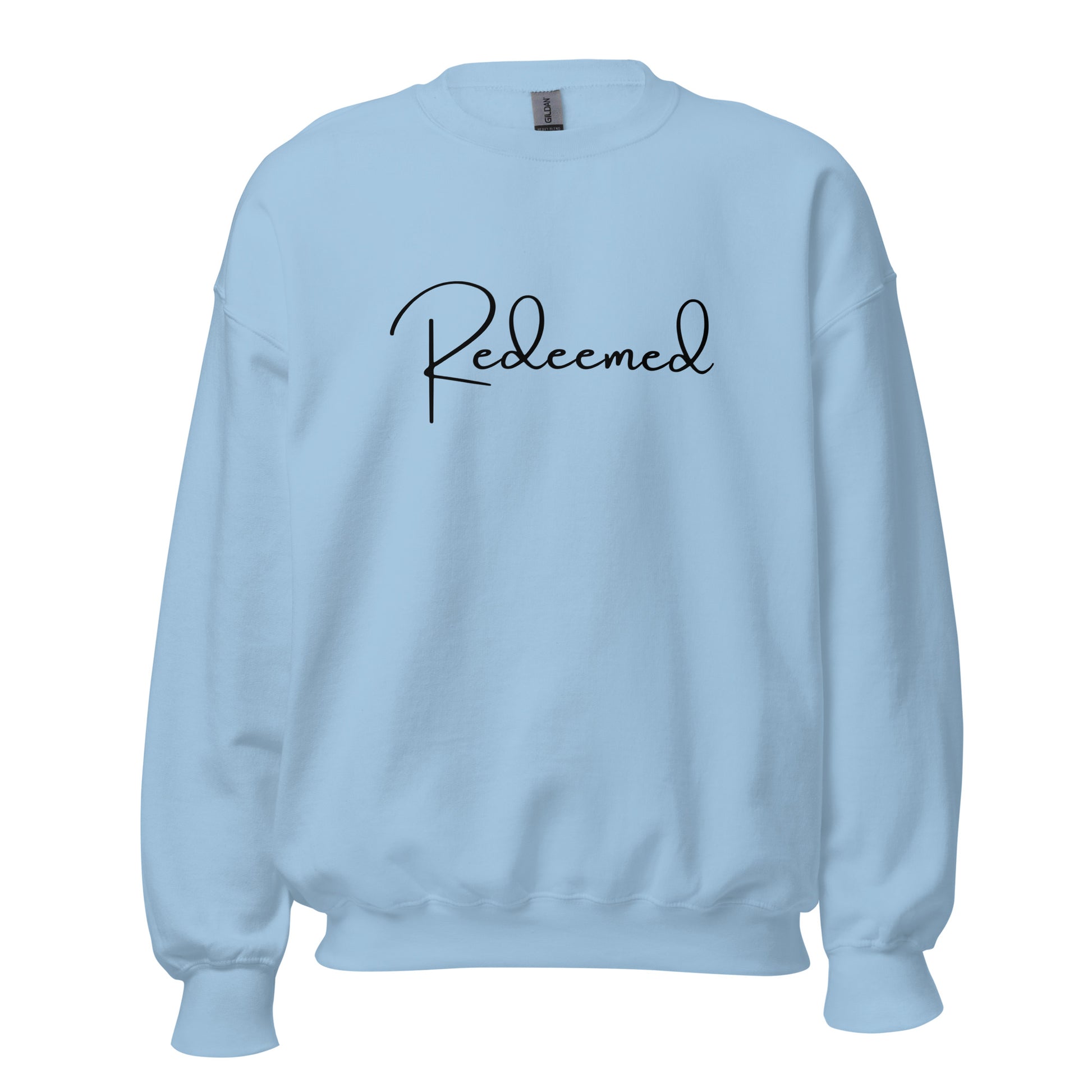 Front view of the Redeemed crewneck sweatshirt in Light Blue featuring the word “Redeemed” printed in black.