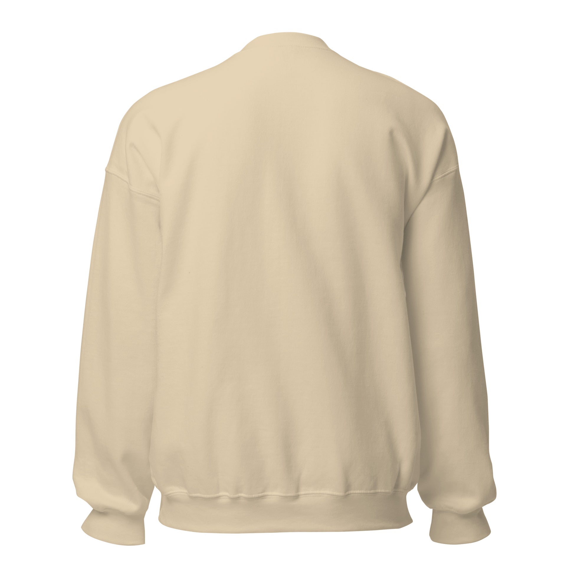 Back view of plain sand Christian sweatshirt with no print, showing classic fit and neutral tone
