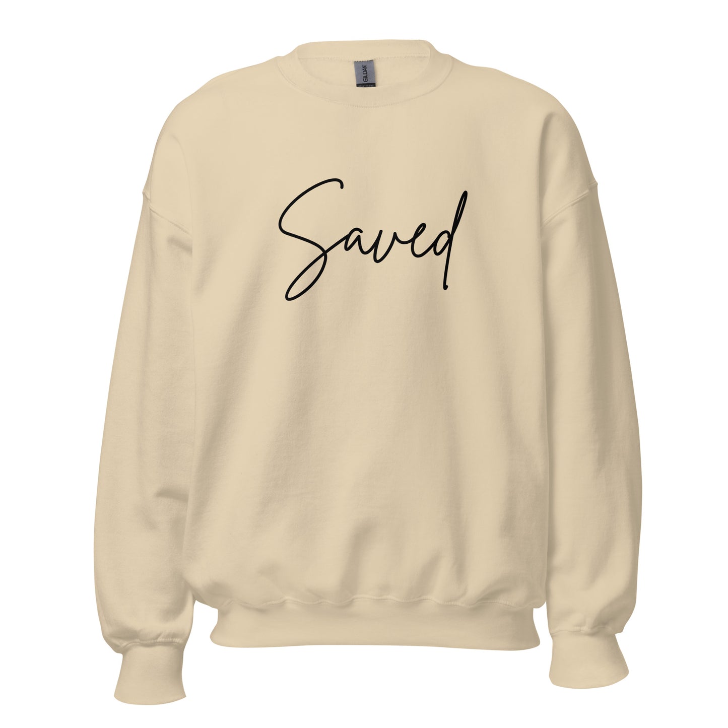 Front view of sand-colored crewneck sweatshirt with “Saved” printed in minimalist black script across the chest
