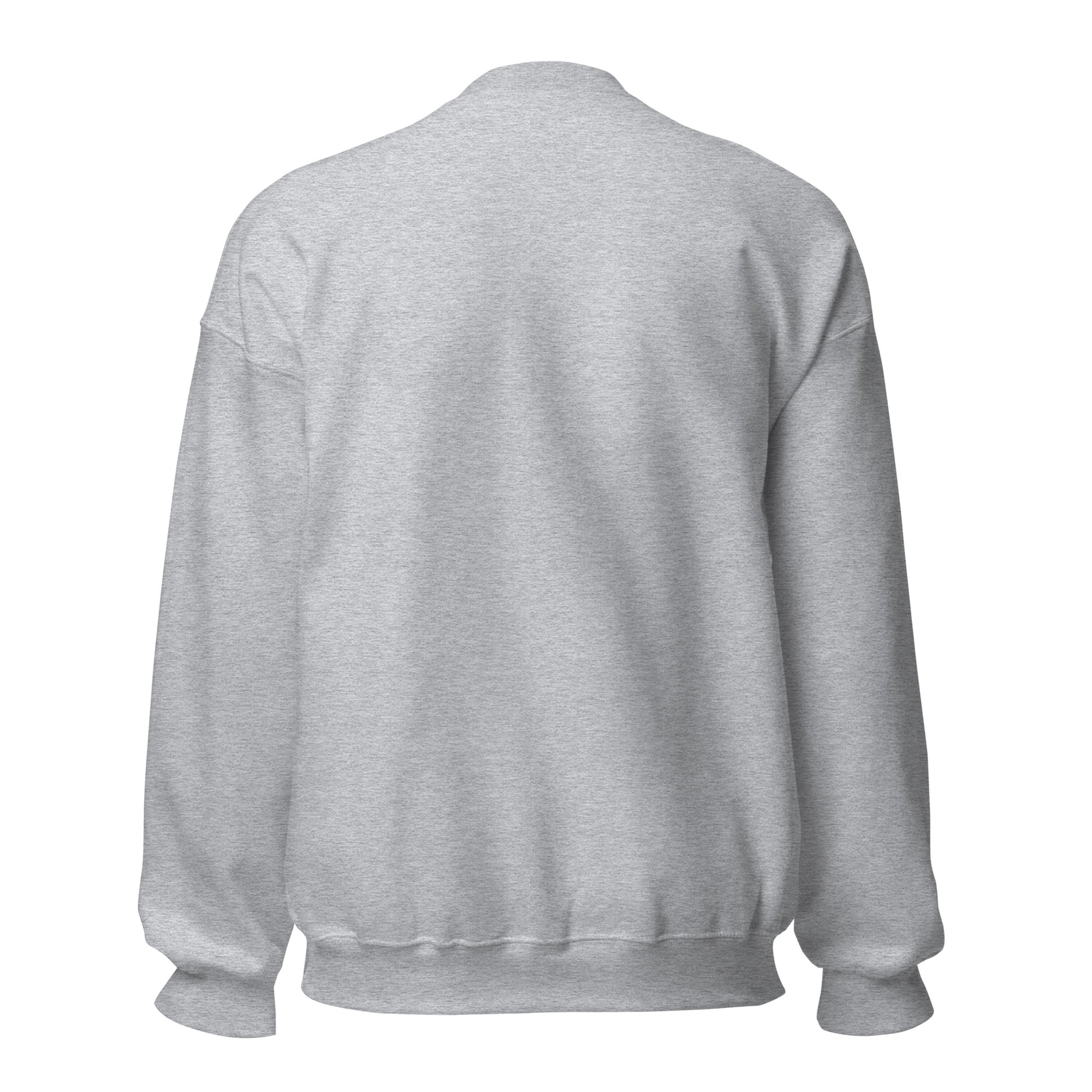 Back view of sport grey Christian sweatshirt, plain fabric with a soft athletic finish
