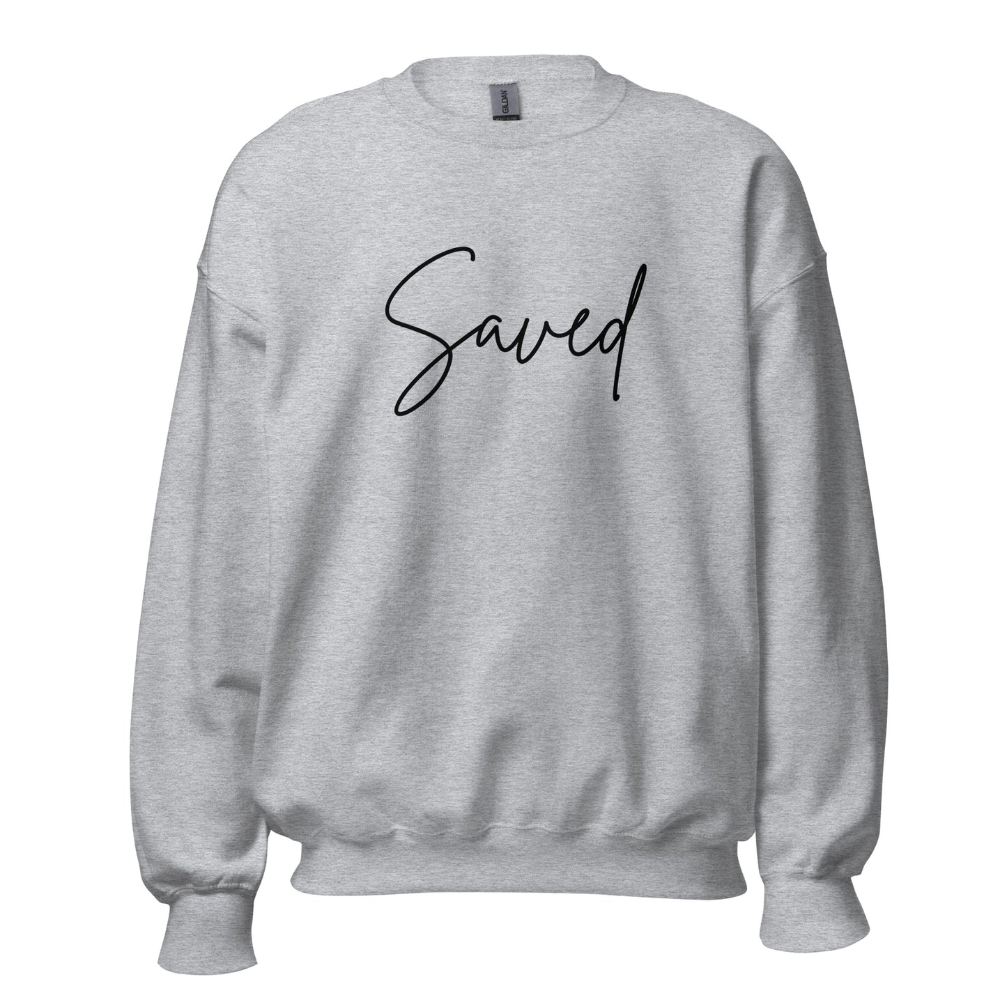 Front view of sport grey crewneck sweatshirt with “Saved” in elegant black script across the chest

