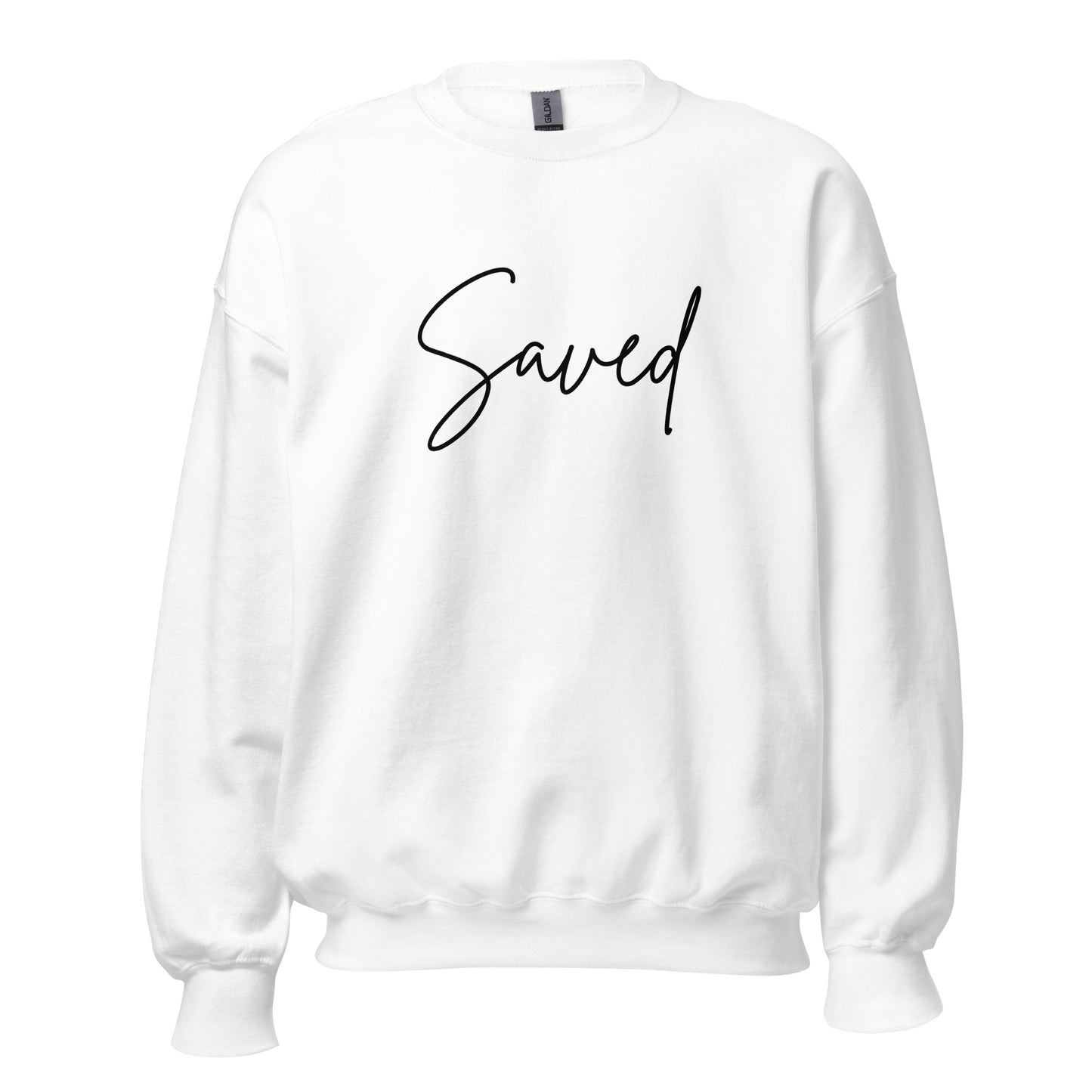 Front view of white crewneck sweatshirt with “Saved” printed in black elegant script across the chest
