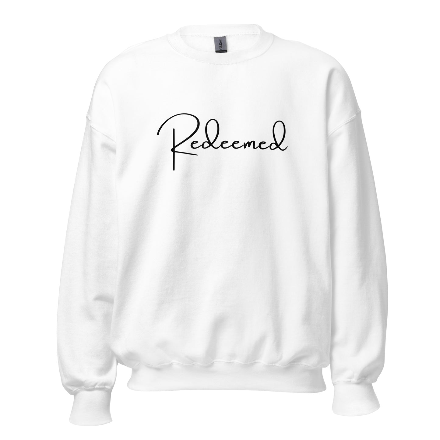 Front view of the Redeemed crewneck sweatshirt in White showing clean printed black “Redeemed” text.
