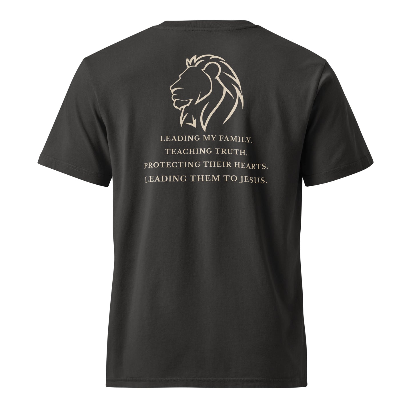 Back view of the Lead Teach Protect Tee in Black Rock featuring a lion graphic and Christian fatherhood message.