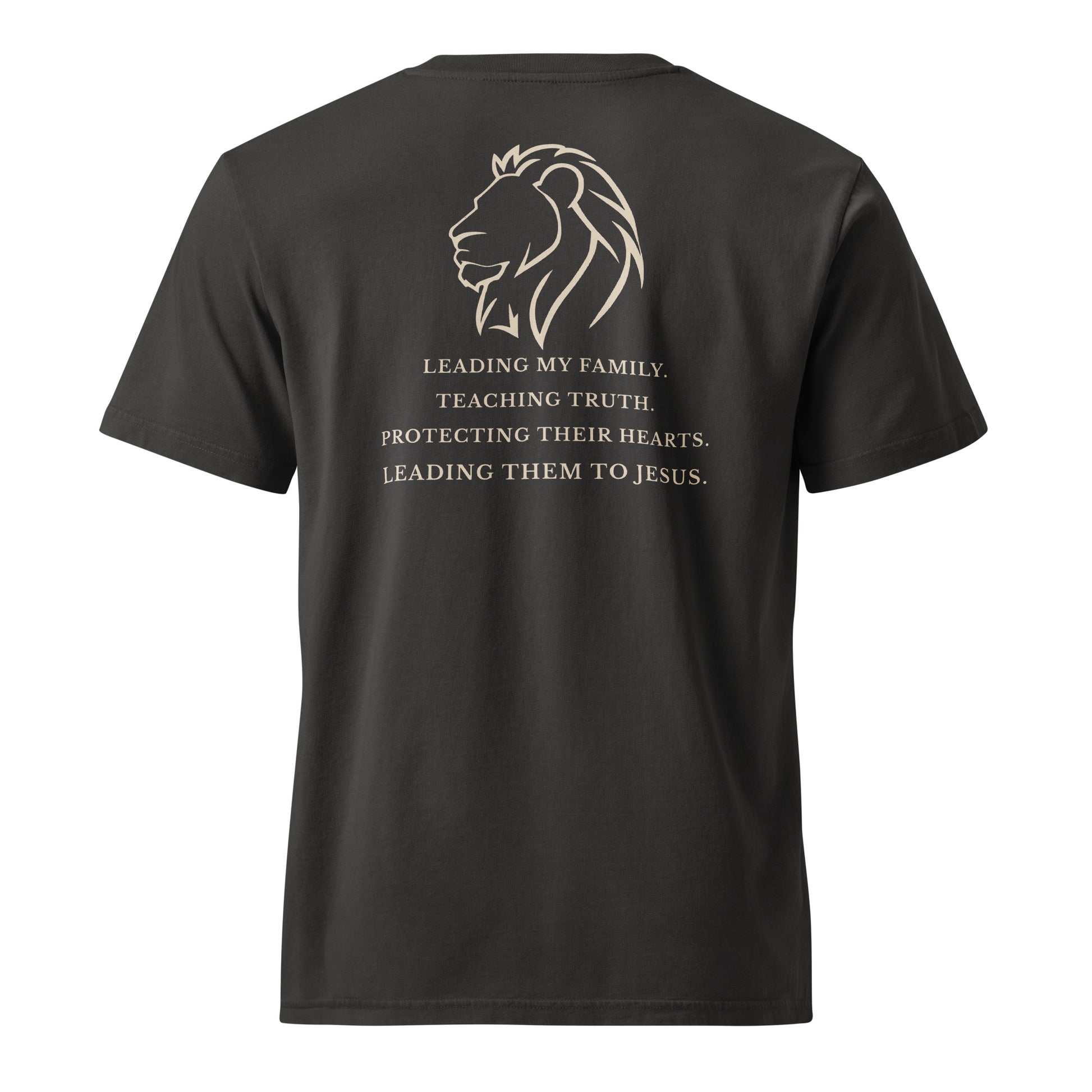 Back view of the Lead Teach Protect Tee in Black Rock featuring a lion graphic and Christian fatherhood message.