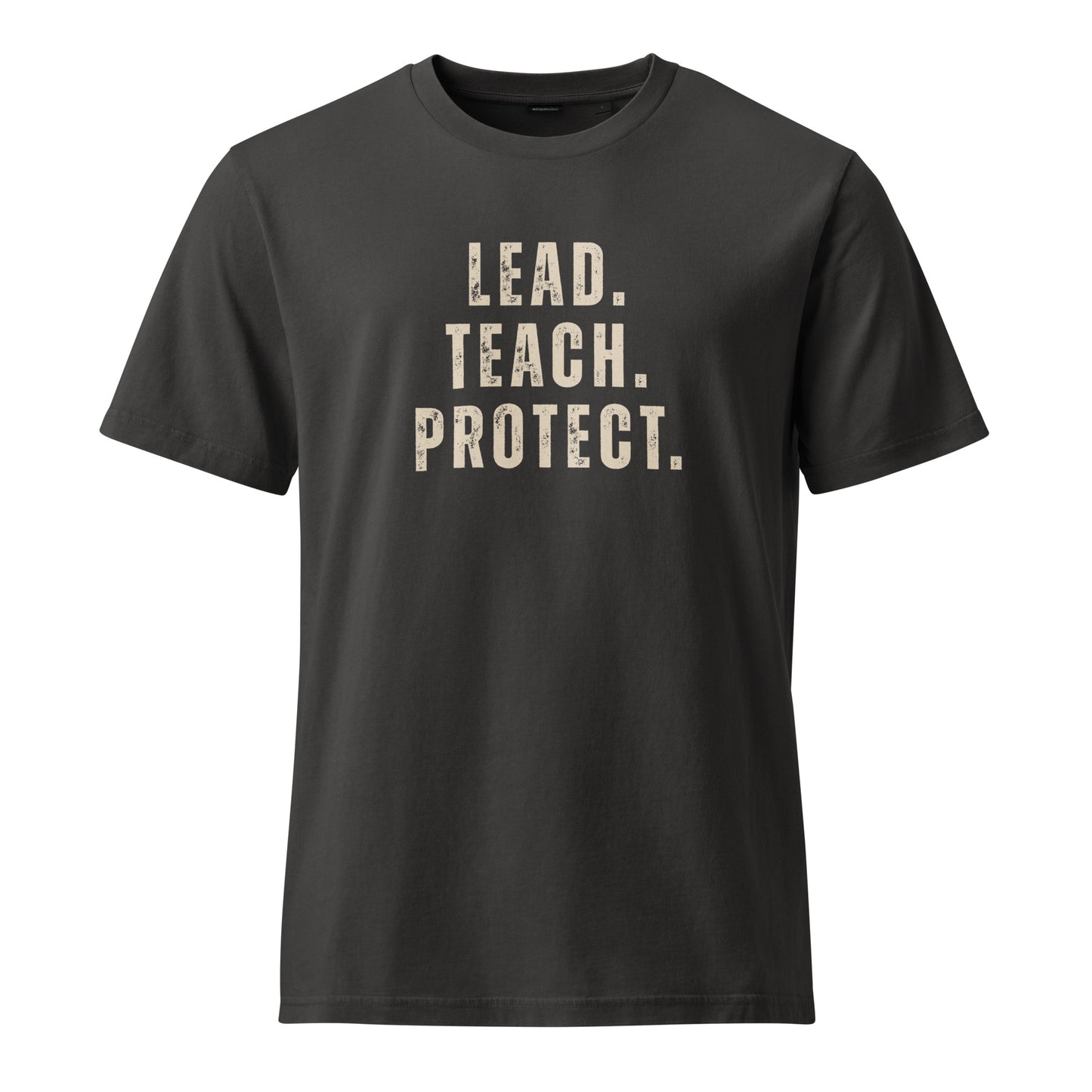 Front view of the Lead Teach Protect Tee in Black Rock featuring the Lead Teach Protect design.