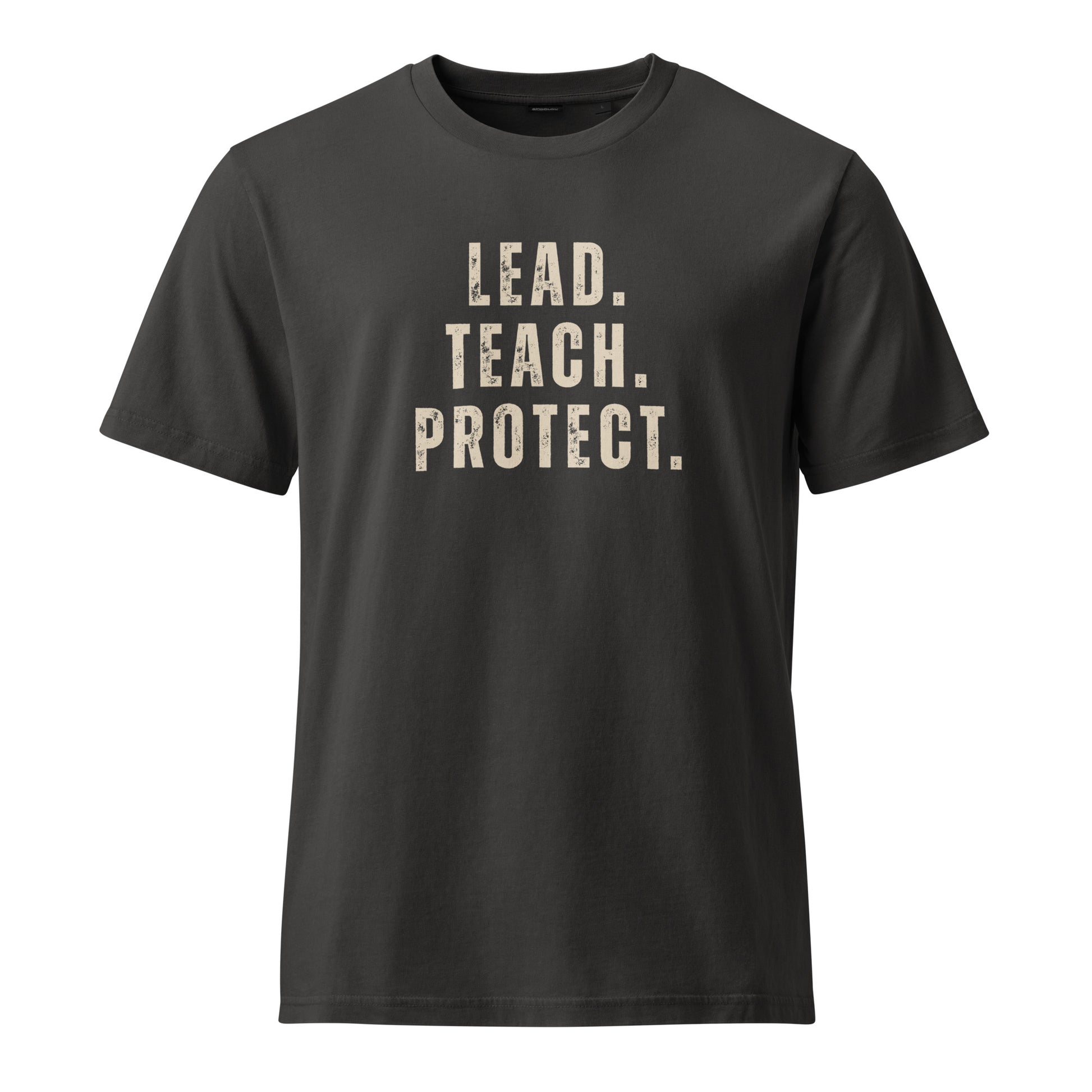 Front view of the Lead Teach Protect Tee in Black Rock featuring the Lead Teach Protect design.