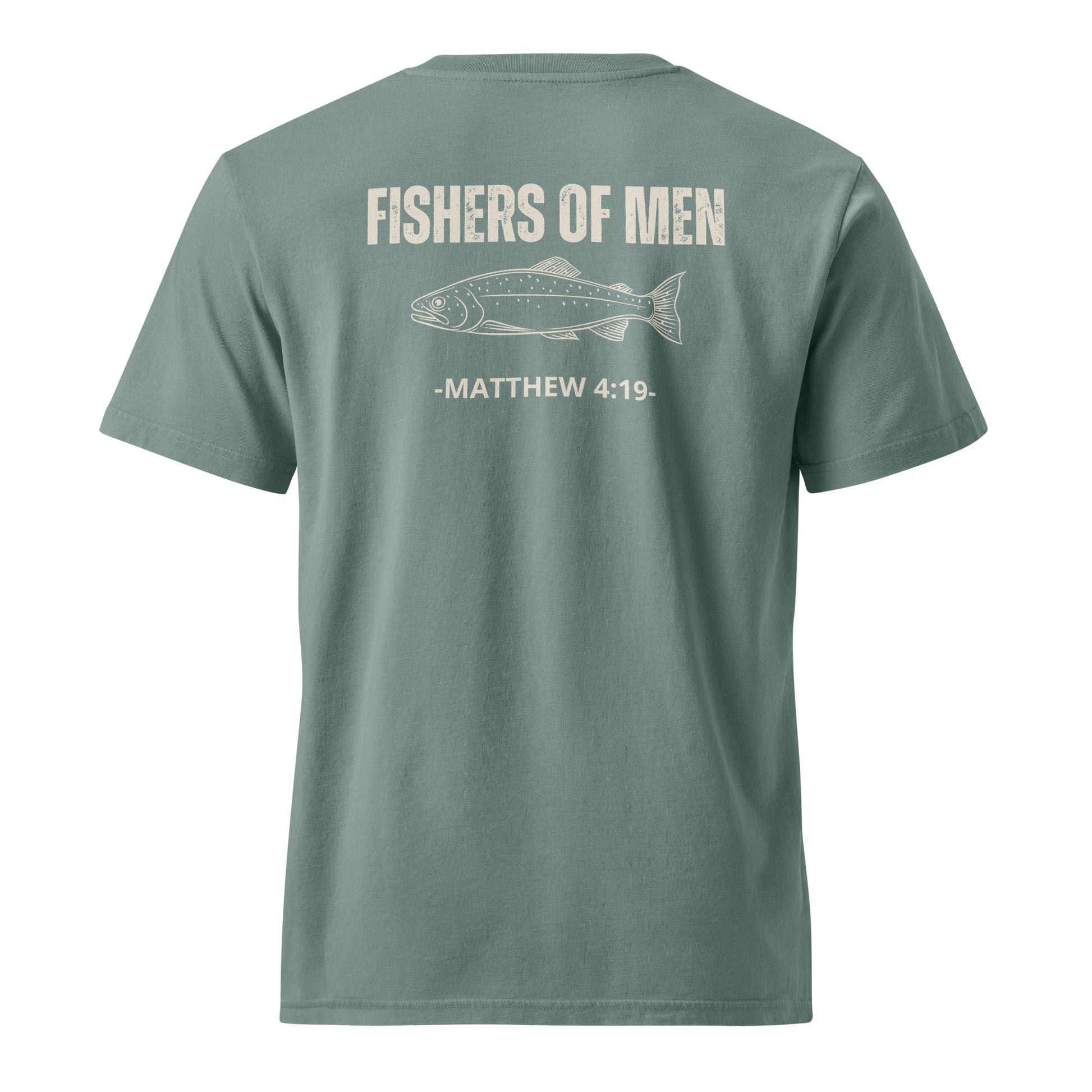 Back view of the Fishers of Men Tee in Green Bay featuring a fish graphic and Matthew 4:19 scripture design.
