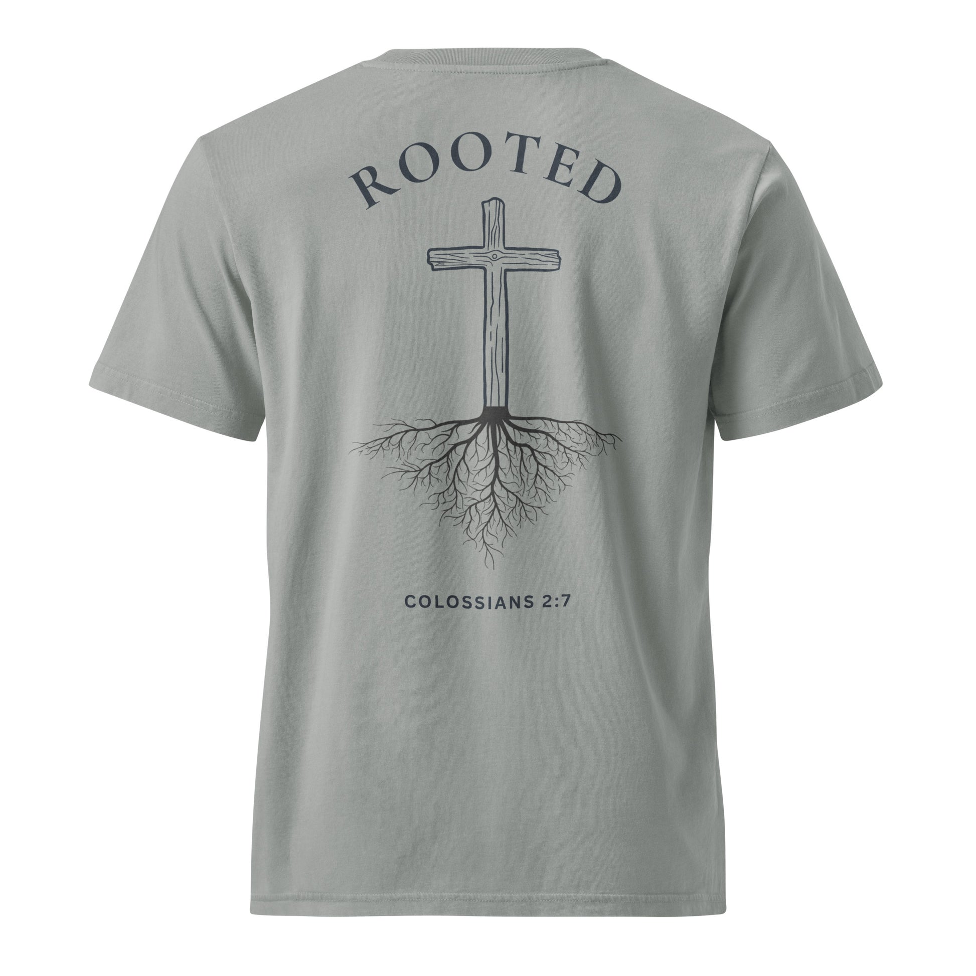 Back view of the Rooted in Christ Christian t-shirt in Misty Grey featuring a large cross with tree roots graphic and Colossians 2:7 printed below.