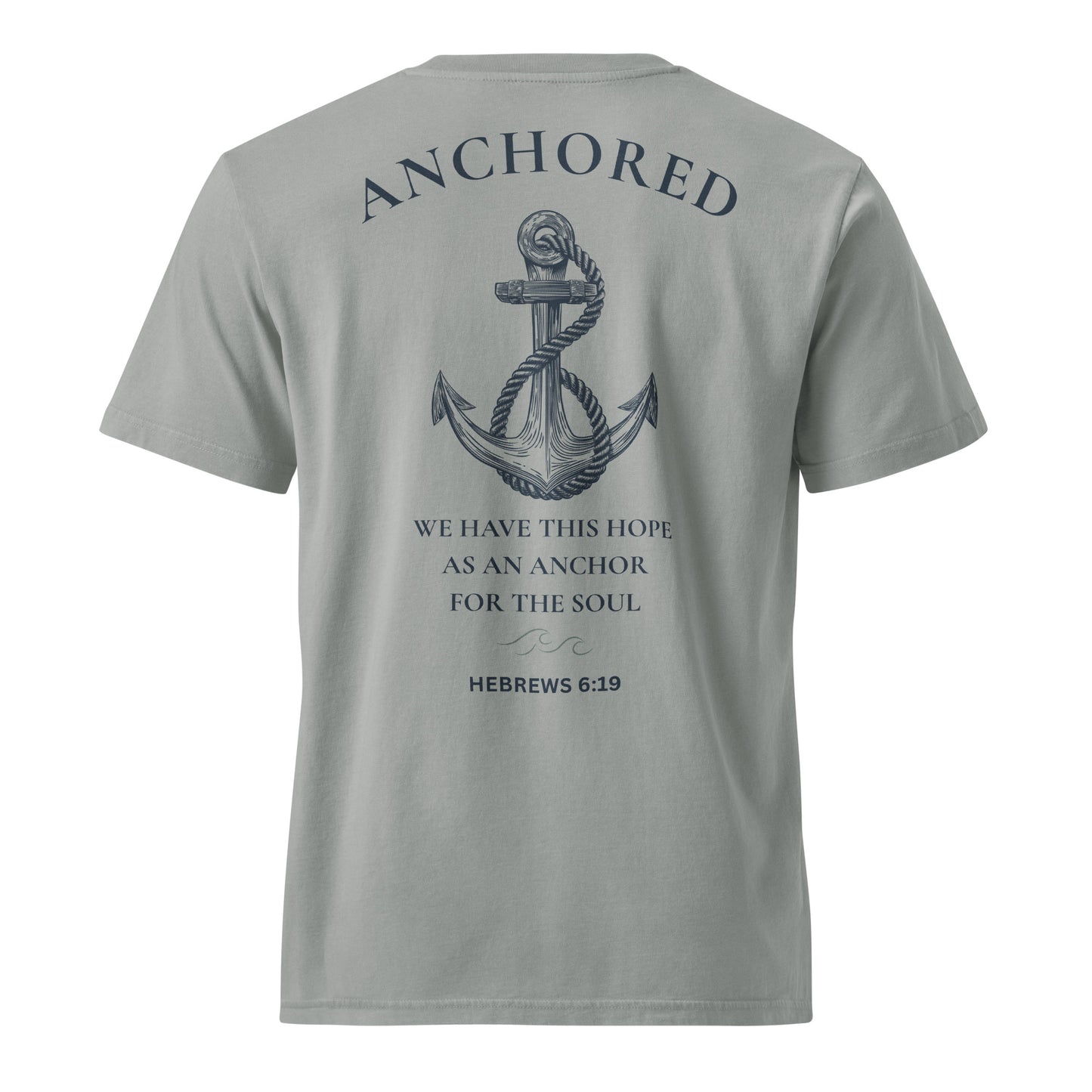 Back view of the Anchored Tee in Misty Grey featuring a detailed anchor graphic and Hebrews 6:19 Christian scripture design.
