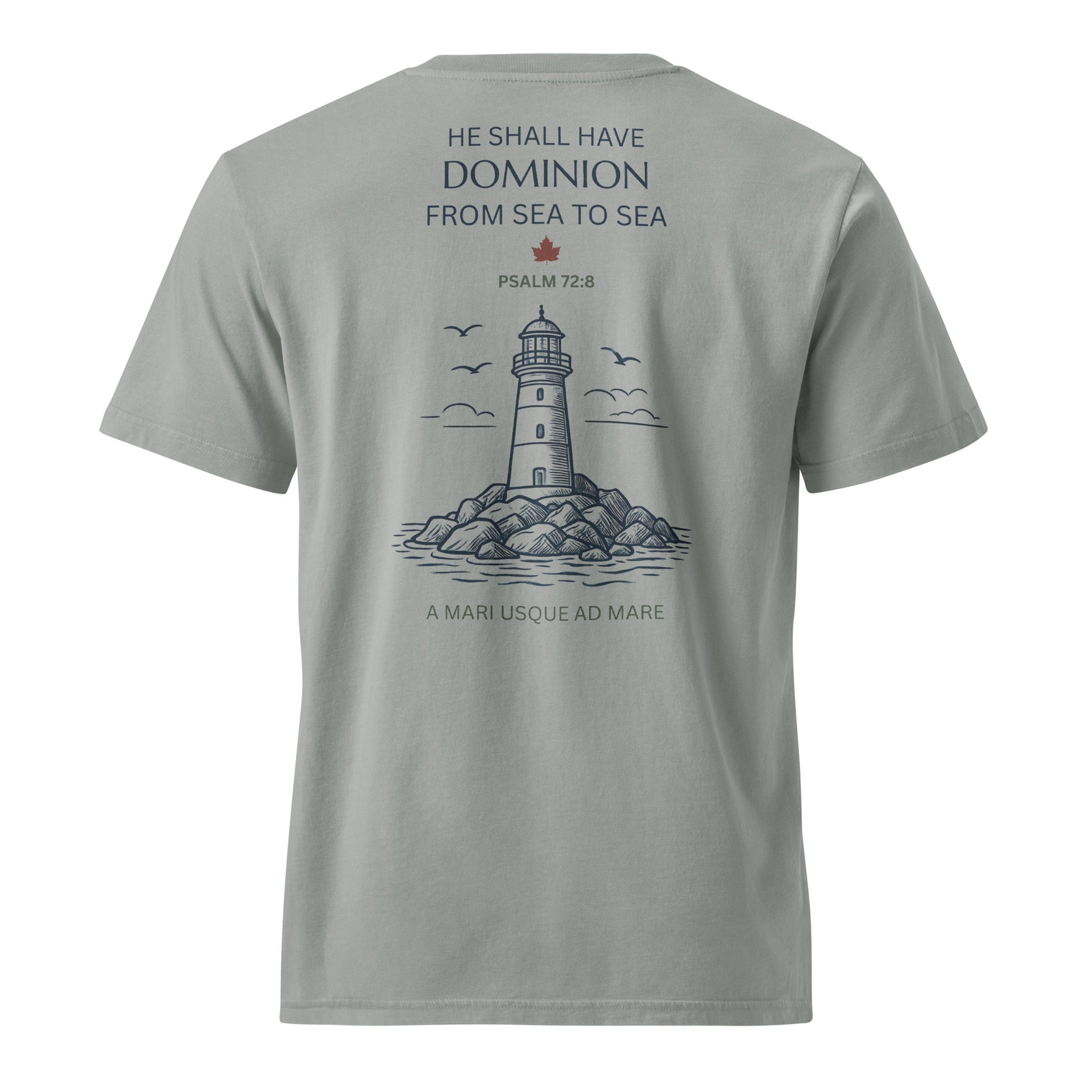 Back view of the Canada Tee in Misty Grey featuring Psalm 72:8, a lighthouse graphic, and the words From Sea to Sea.