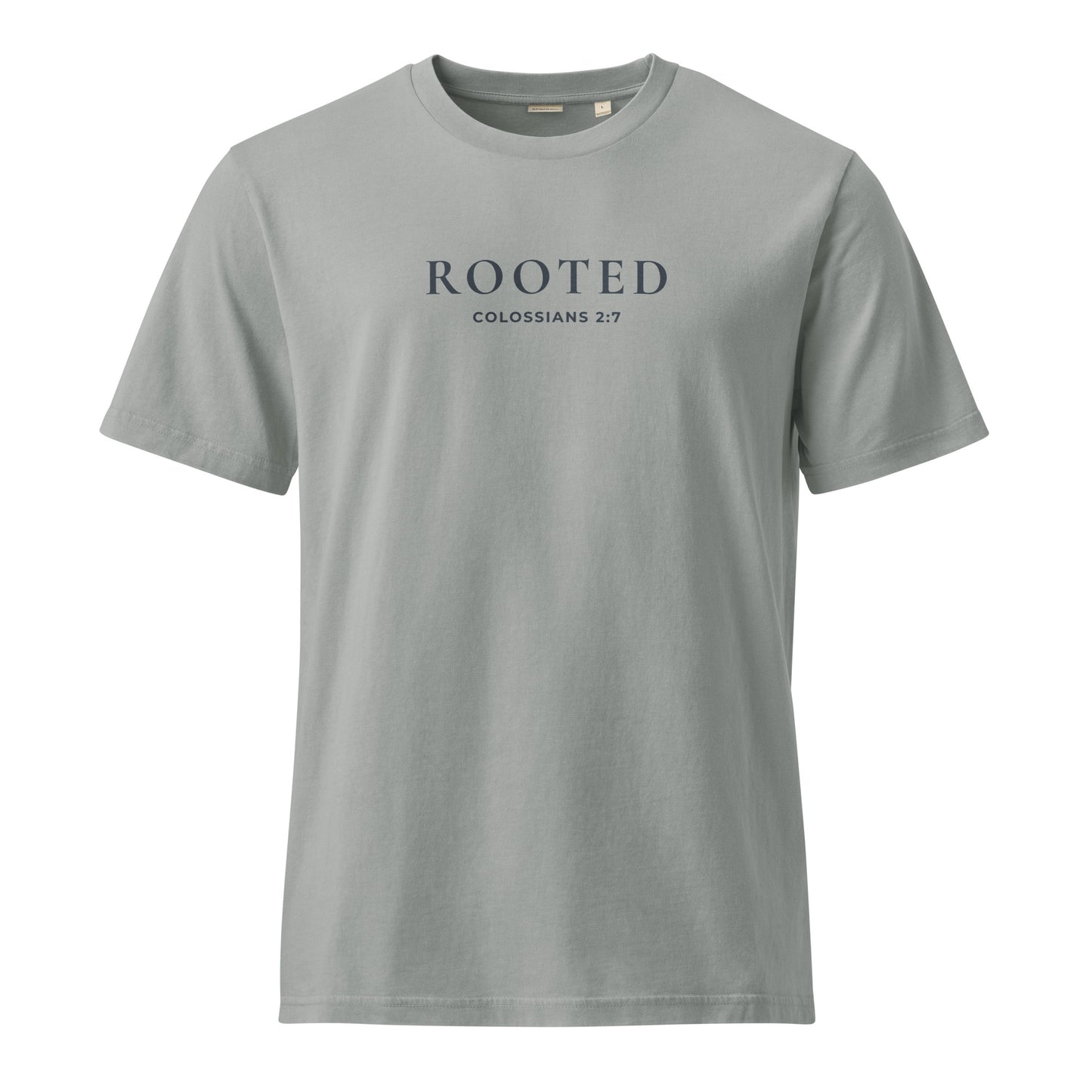 Front view of the Rooted in Christ Christian t-shirt in Misty Grey featuring Rooted and Colossians 2:7 printed on the chest.