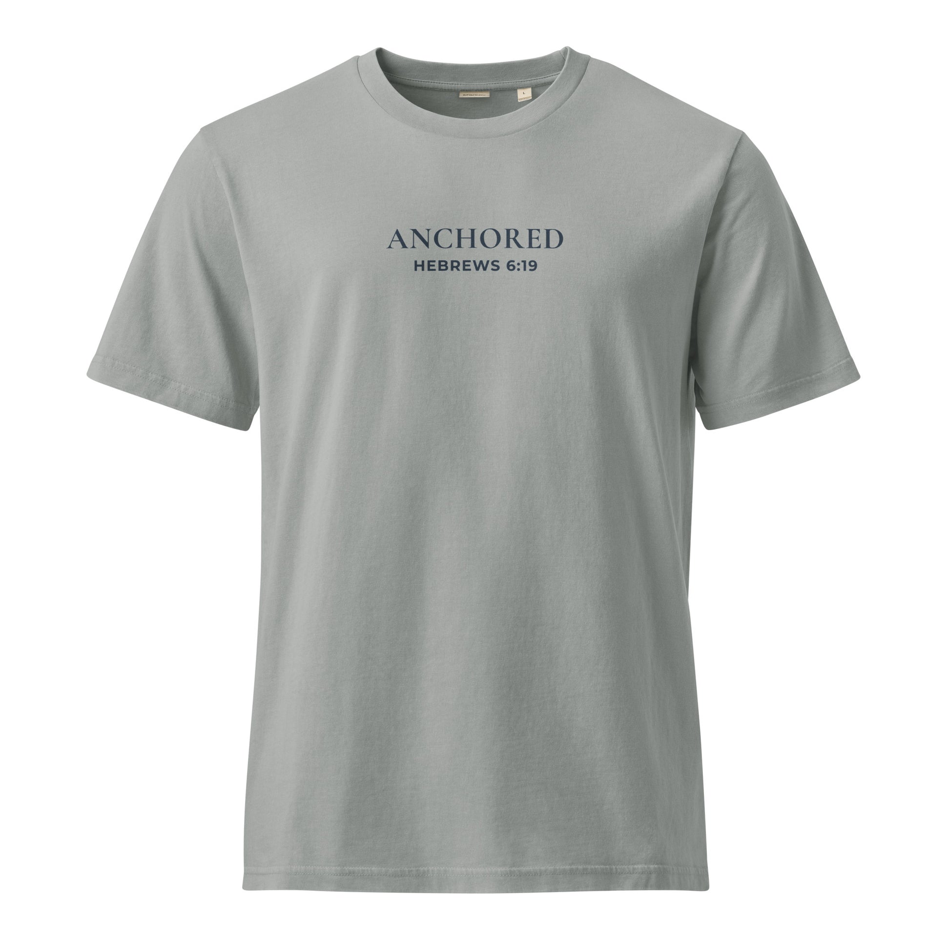 Front view of the Anchored Tee in Misty Grey featuring Anchored and Hebrews 6:19 printed on the chest.