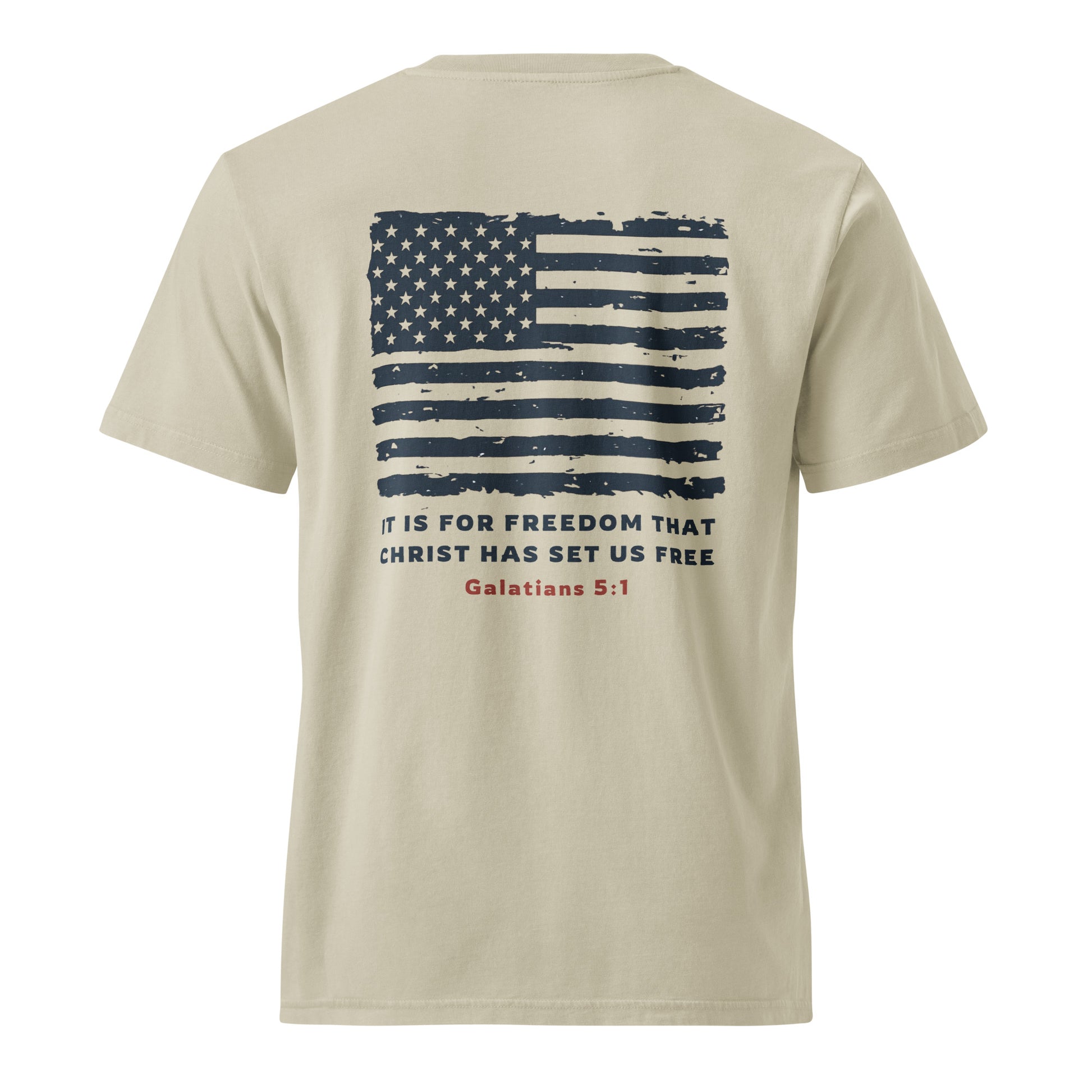 Back view of the USA 1776 Tee in Dyed Stone featuring a vintage American flag and Galatians 5:1 scripture design.