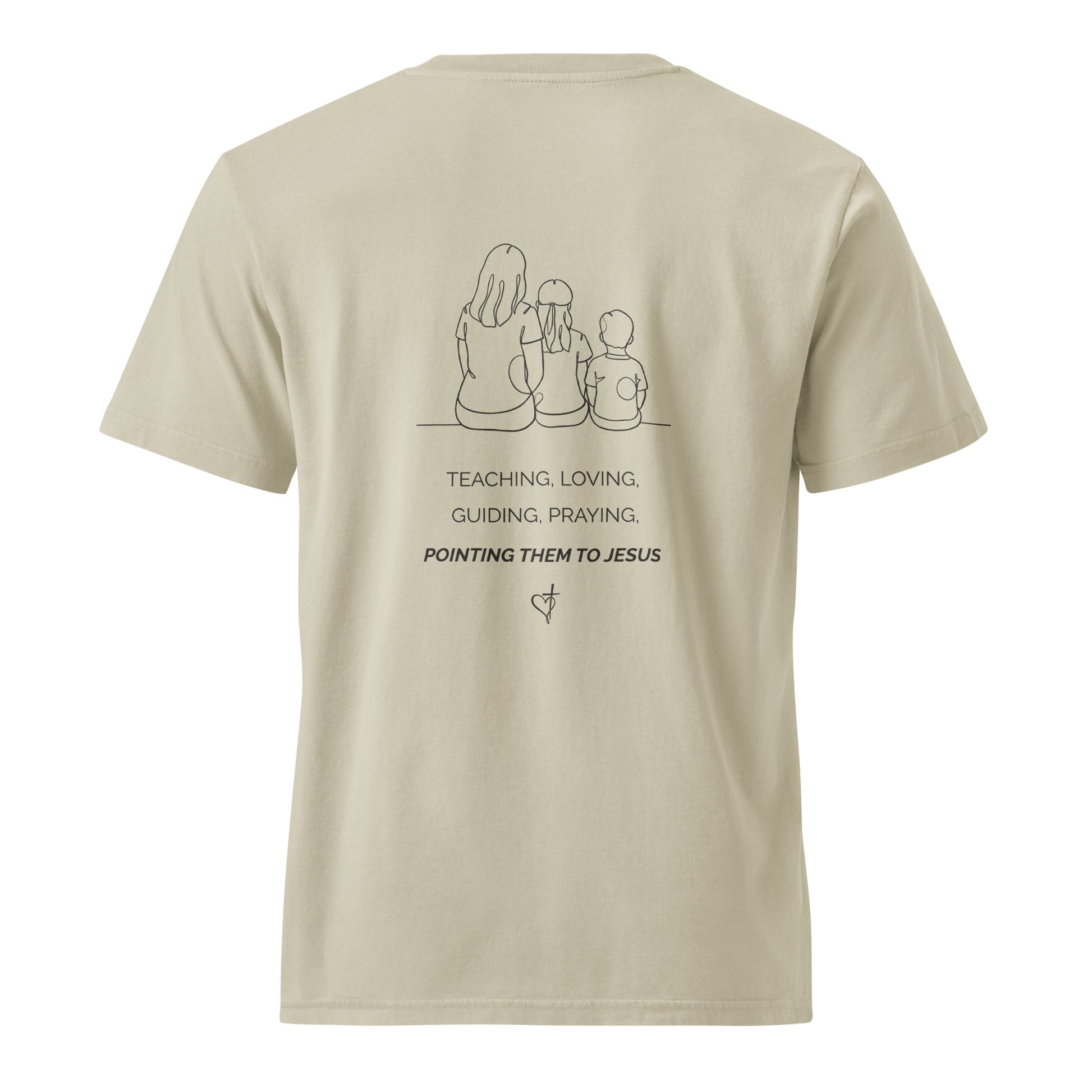 Back view of the Discipleship Starts Here Tee in Dyed Stone featuring a mother and children illustration with a Christian motherhood message.