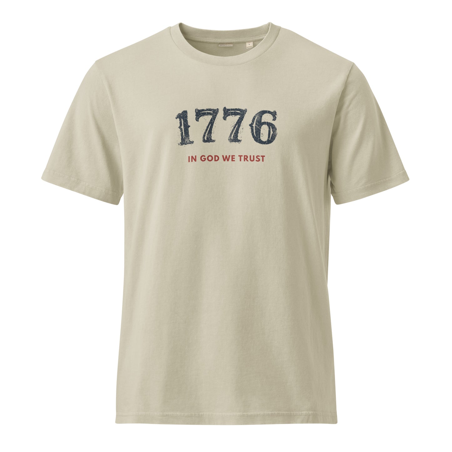 Front view of the USA 1776 Tee in Dyed Stone featuring 1776 and In God We Trust printed on the chest.