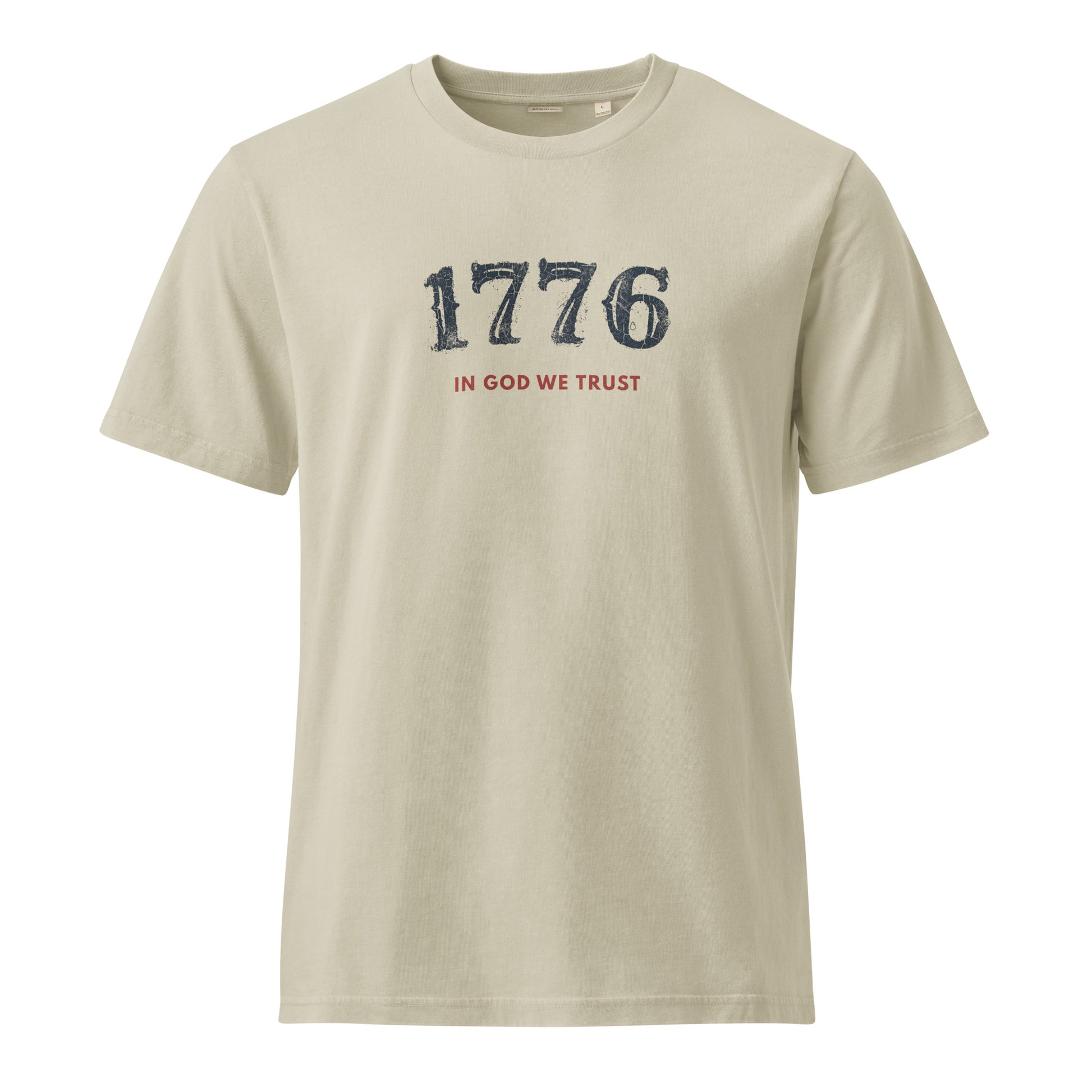 Front view of the USA 1776 Tee in Dyed Stone featuring 1776 and In God We Trust printed on the chest.