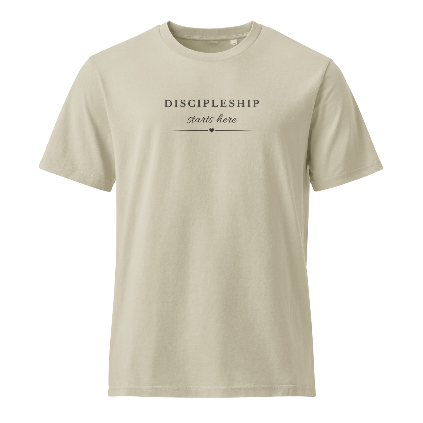 Front view of the Discipleship Starts Here Tee in Dyed Stone featuring the Discipleship Starts Here design.