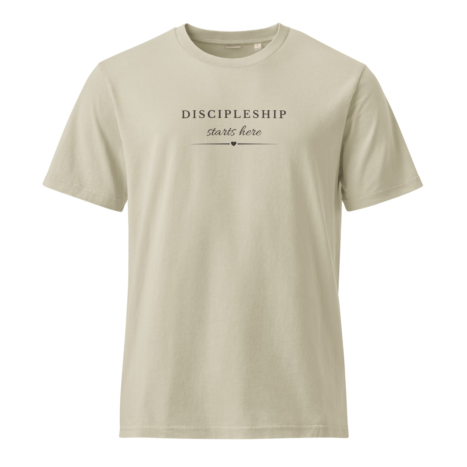 Front view of the Discipleship Starts Here Tee in Dyed Stone featuring the Discipleship Starts Here design.