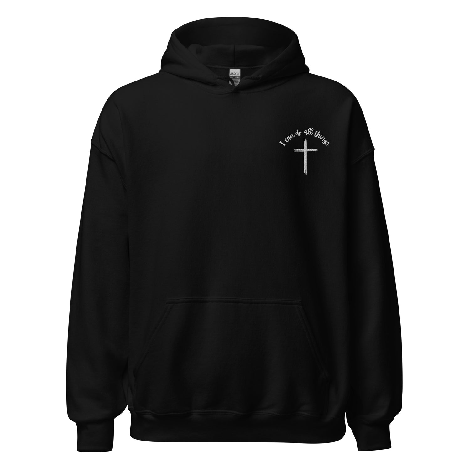 I Can Do All Things embroidered Christian hoodie with cross – front view
