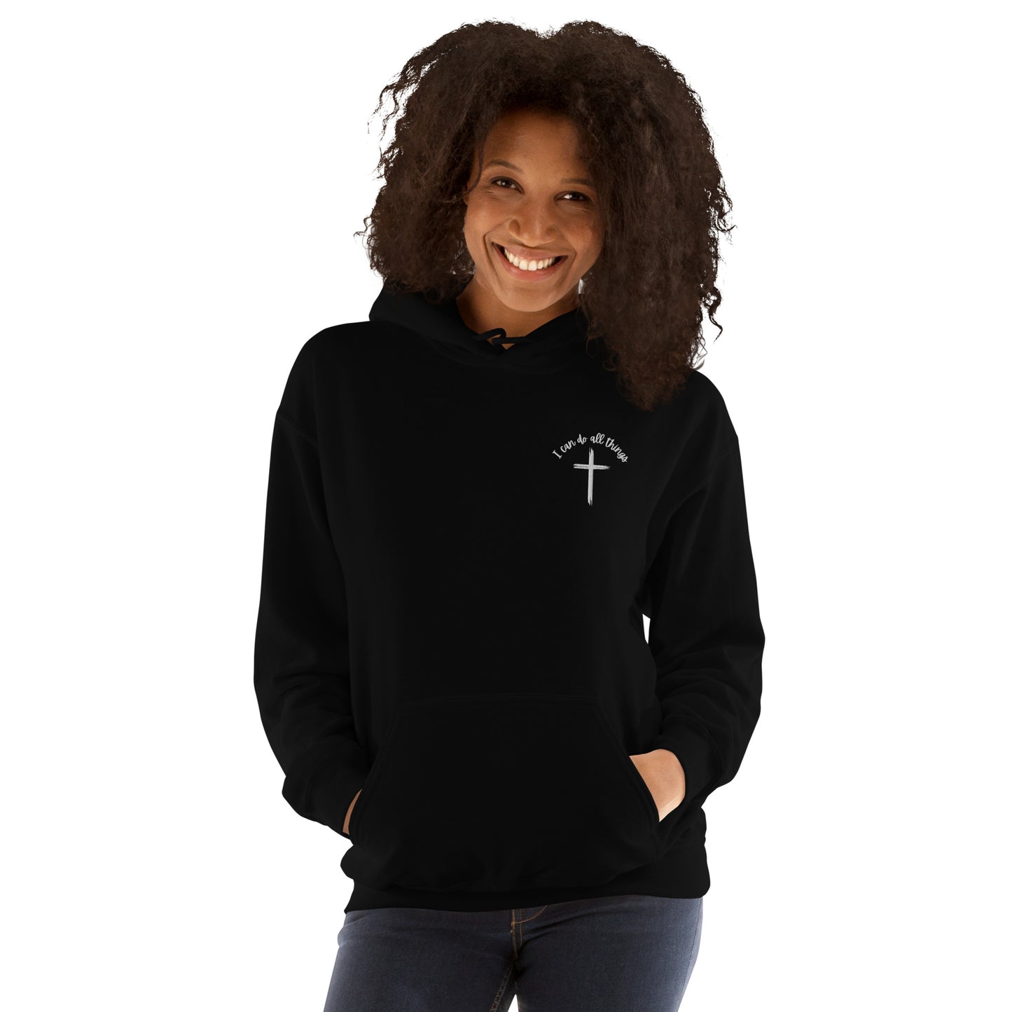Woman wearing I Can Do All Things embroidered Christian hoodie with cross – front view
