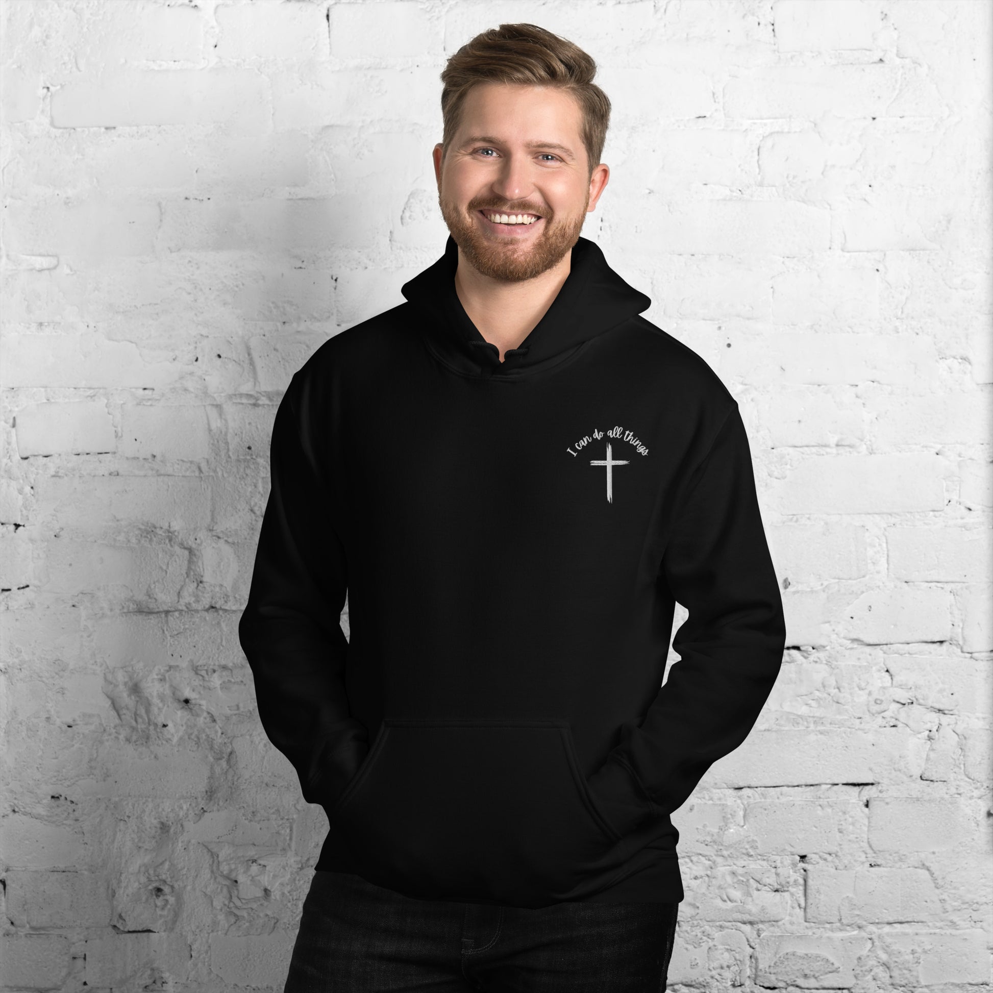 Man wearing I Can Do All Things embroidered Christian hoodie with cross – front view
