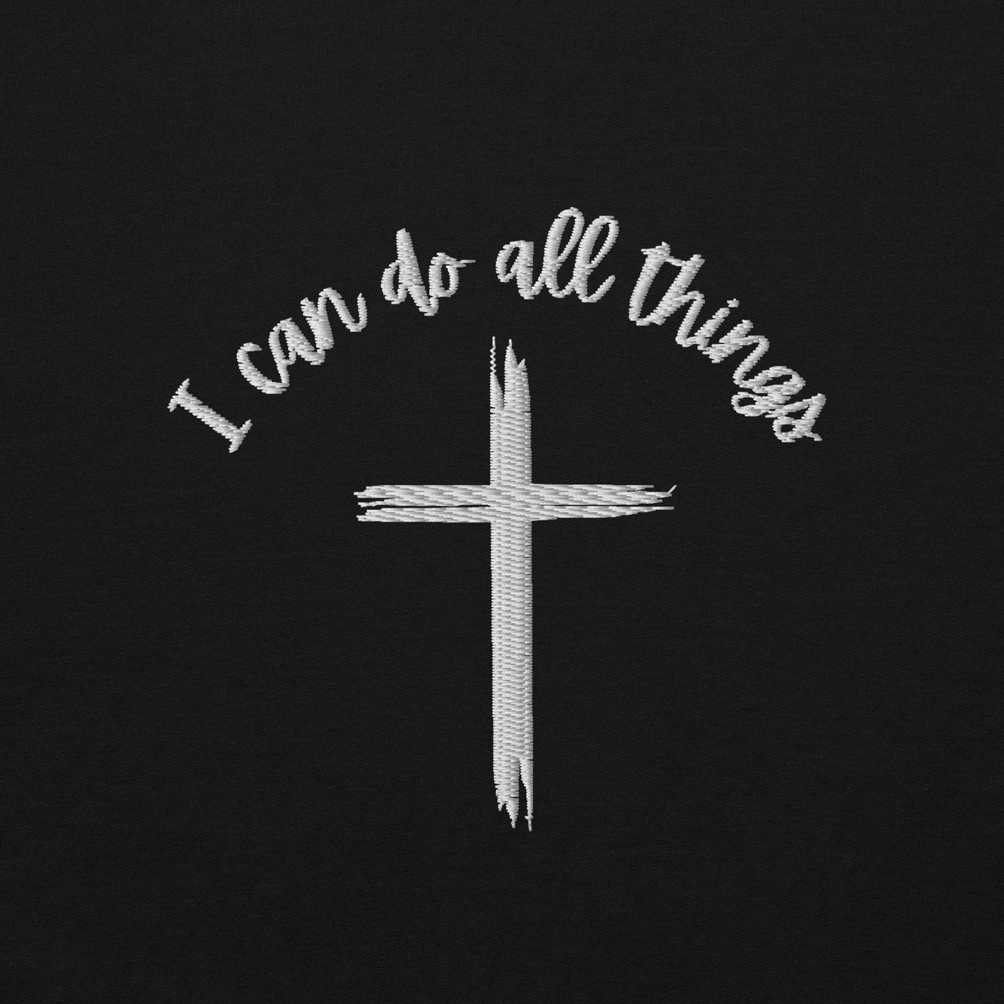 Close-up of left chest embroidery – I Can Do All Things Christian hoodie with cross

