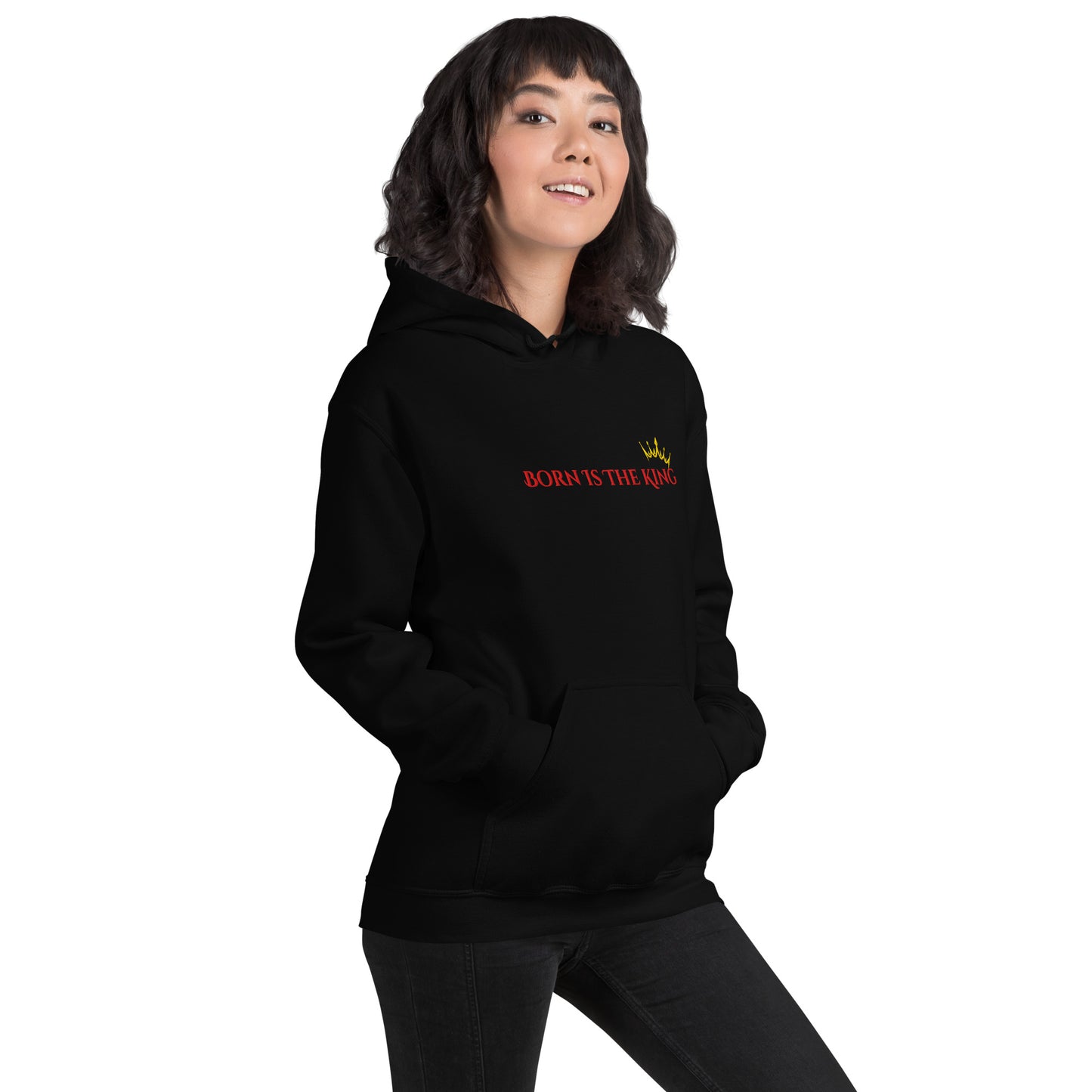 woman wearing Born Is The King Christmas hoodie front view