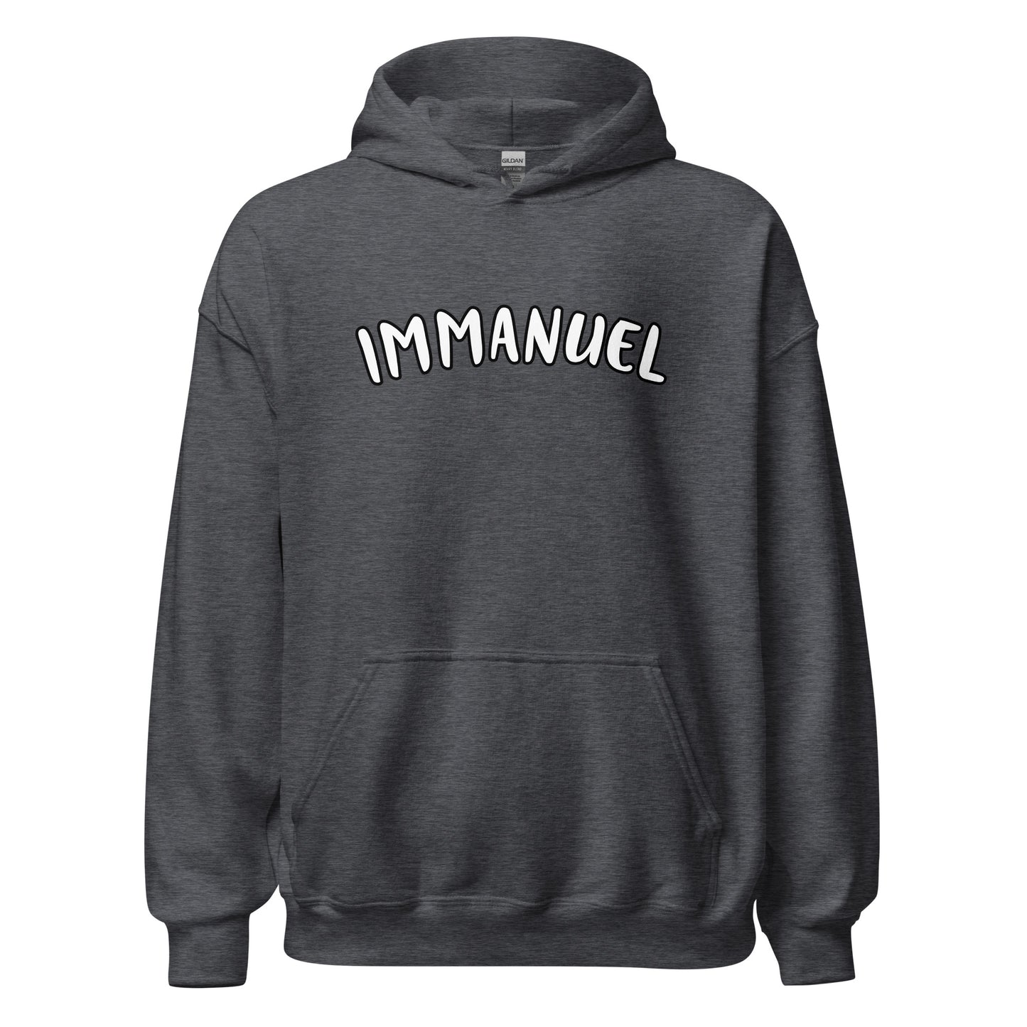 Front view of the gray Immanuel hoodie with “Immanuel” printed in white and outlined in black across the chest.