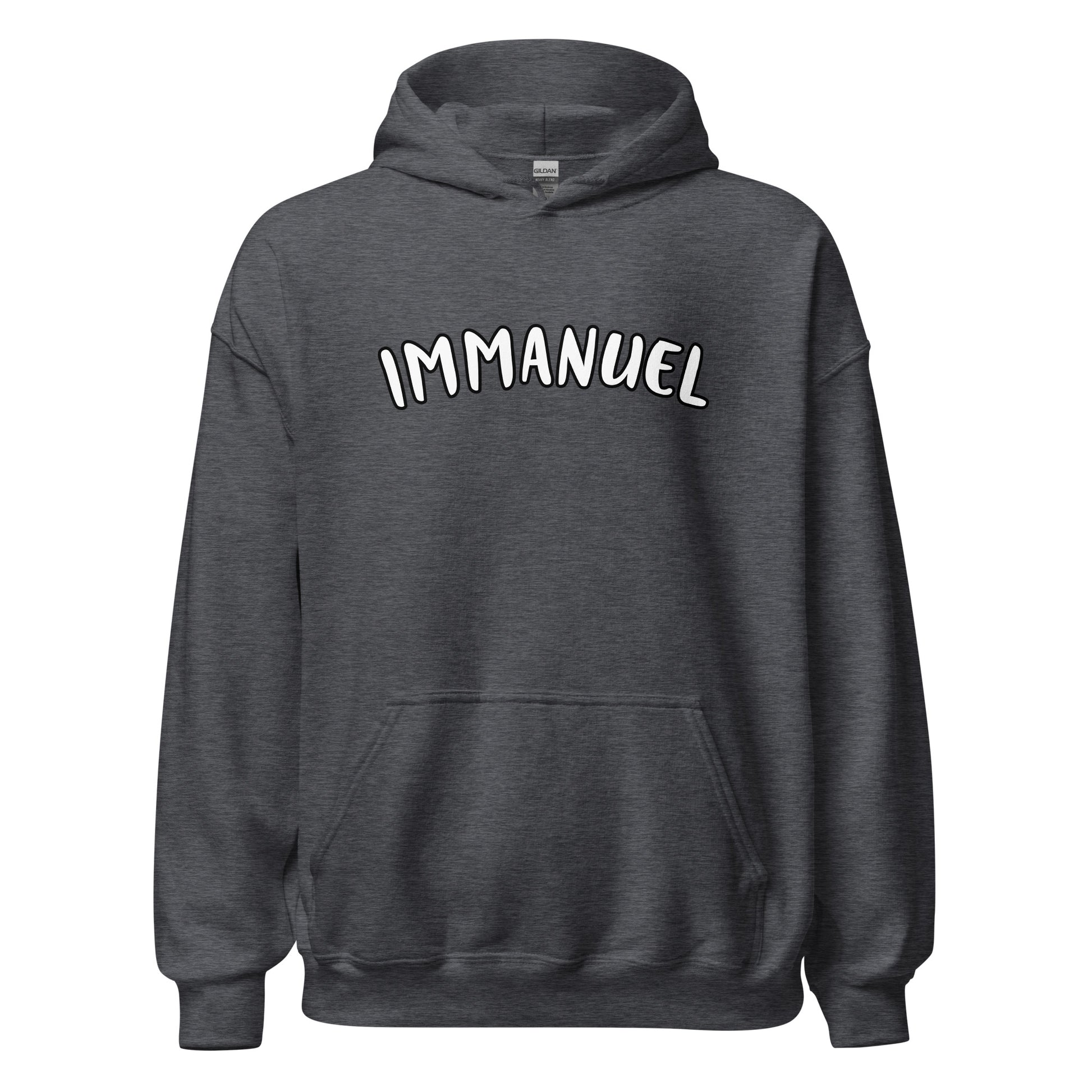 Front view of the gray Immanuel hoodie with “Immanuel” printed in white and outlined in black across the chest.