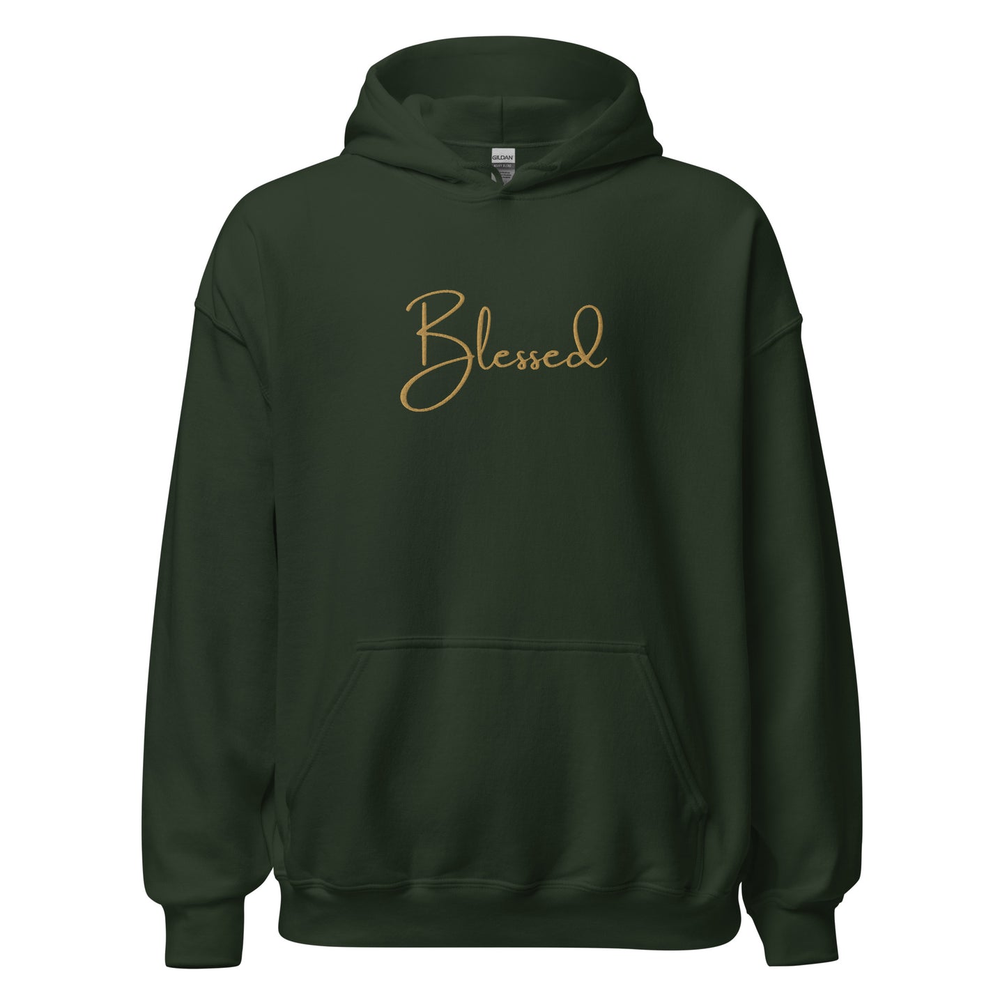 Front view of forest green Blessed hoodie with gold embroidery