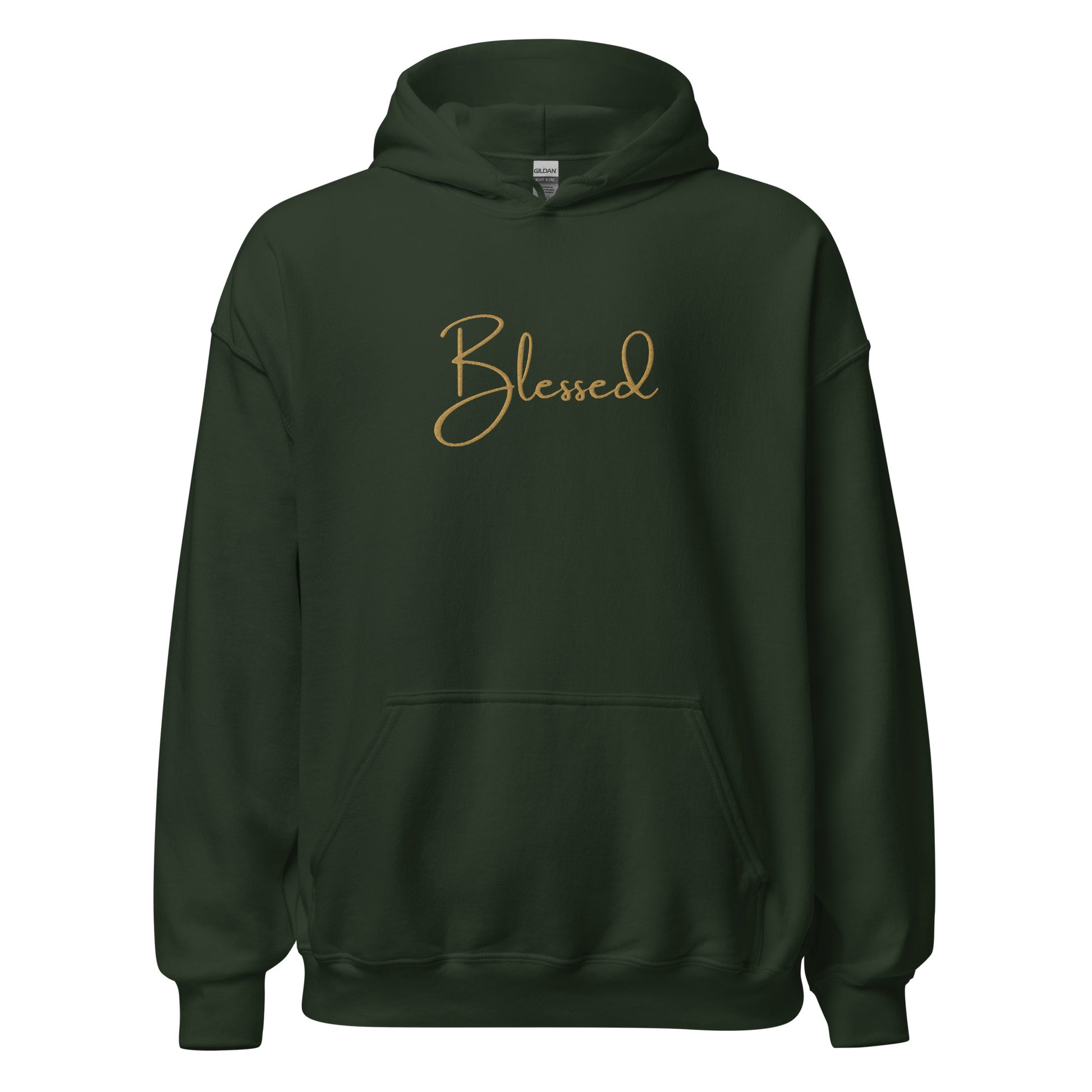 Front view of forest green Blessed hoodie with gold embroidery