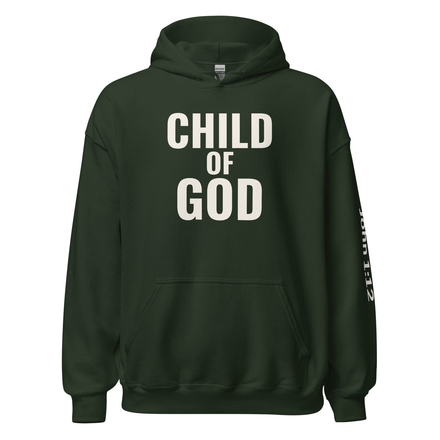 Child of God Christian hoodie in forest green front view with centered chest design